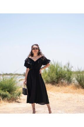 Beri Butik Kadın Siyah Kolu Volanlı Gipeli Elbise vol21