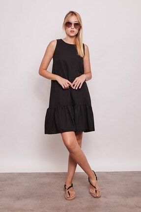 Iç Göstermez Viskon Poplin Geniş Sıfır Yaka Kolsuz Eteği Fırfırlı Elbise -siyah 50095