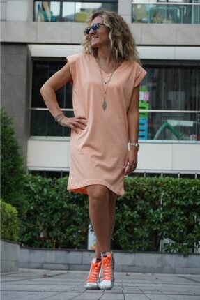 Kadın Somon Rengi Vatkalı Penye Elbise 7088SMPEDU
