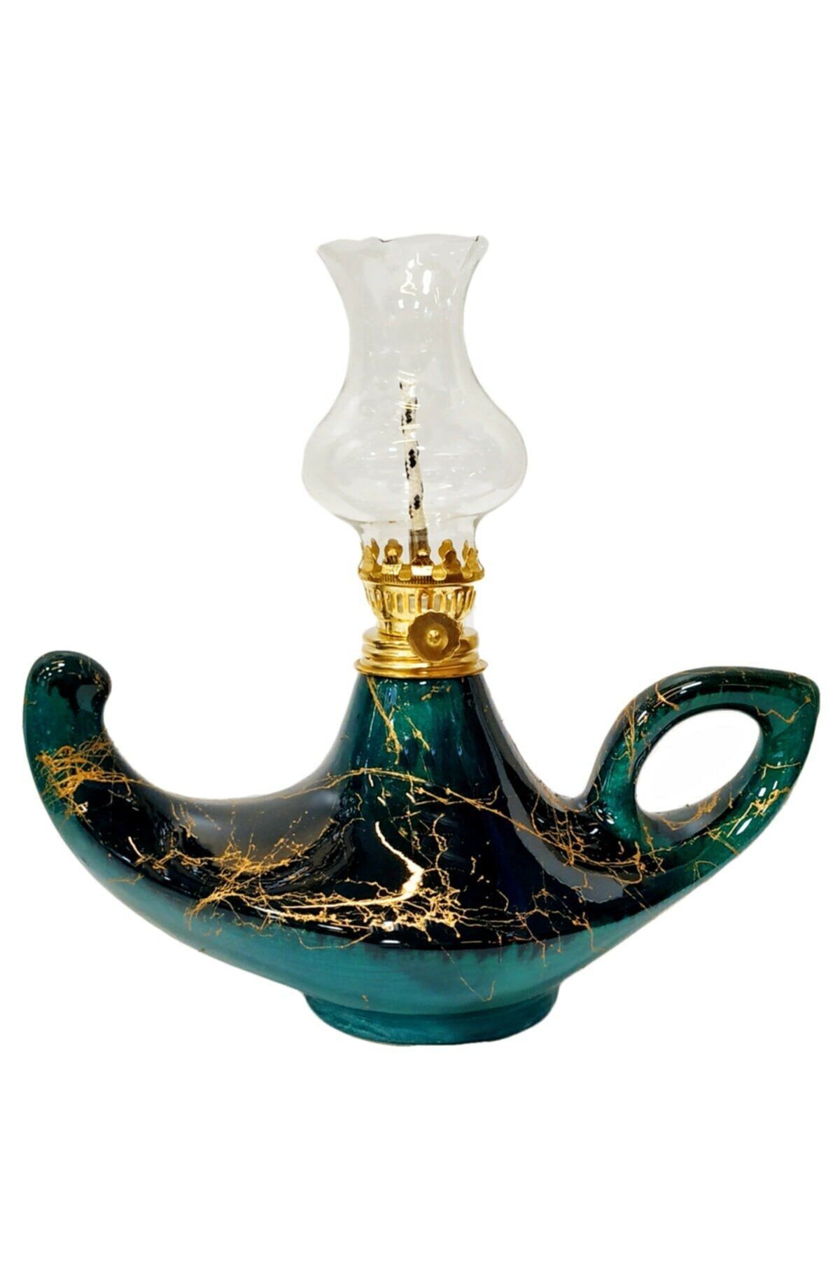 Mermer Desenli Siyah/zümrüt Yeşil El Yapımı Kütahya Çinisi Gaz Lambası Büyük Aladdin Gaz Lambası