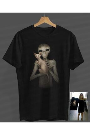 Unisex Erkek-kadın Uzaylı Kedi Siyah Yuvarlak Yaka T-shirt. S23358047660BSİYAHNVM