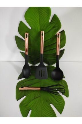 Metal Bakır Saplı Silikon 4 Lu Set (35 Cm Kepçe+çırpıcı+kaşık+spatula) Siyah 99AMH0282b11111
