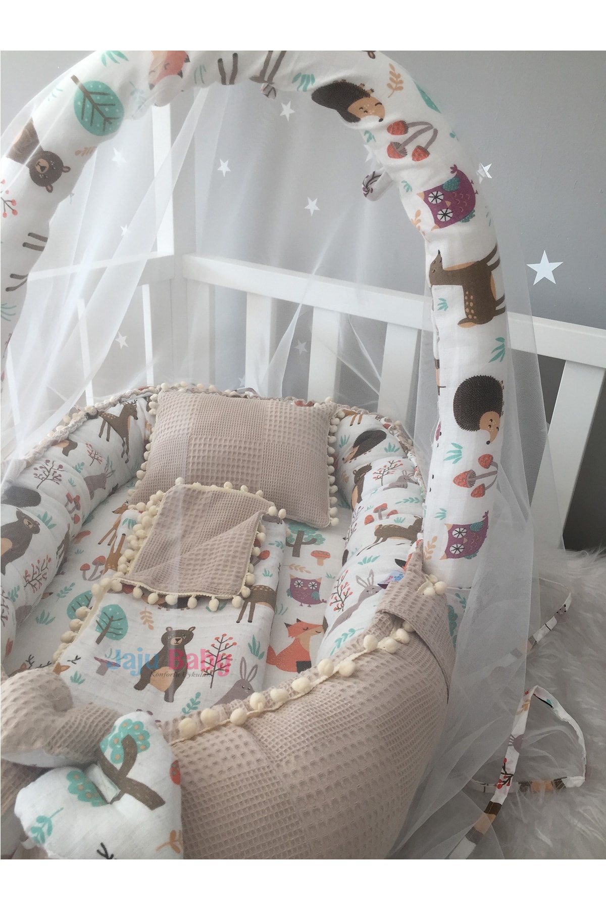 Jaju Baby Waffle Pike Kumaş Ve Orman Müslin Kumaş Ponponlu Babynest Oyuncak Aparat Ve Tül Set fotoğrafı 3 (önizleme)
