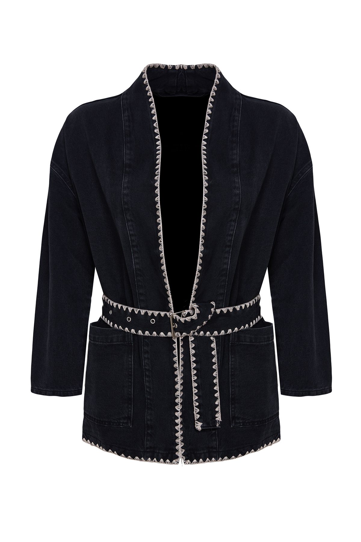 Trendyol Collection-Czarna, oversize'owa kurtka jeansowa z paskiem - TWOAW25CE00024 6