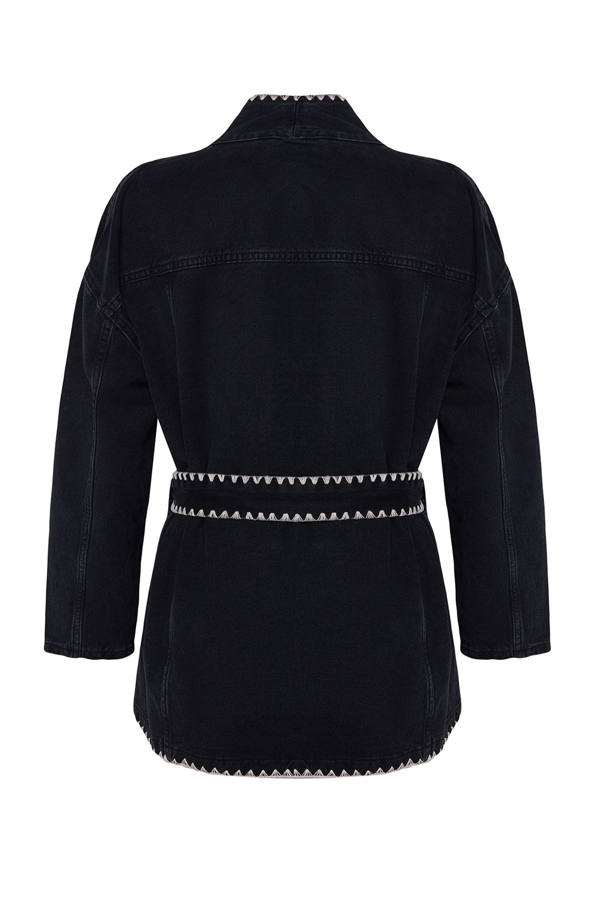 Trendyol Collection-Czarna, oversize'owa kurtka jeansowa z paskiem - TWOAW25CE00024 7