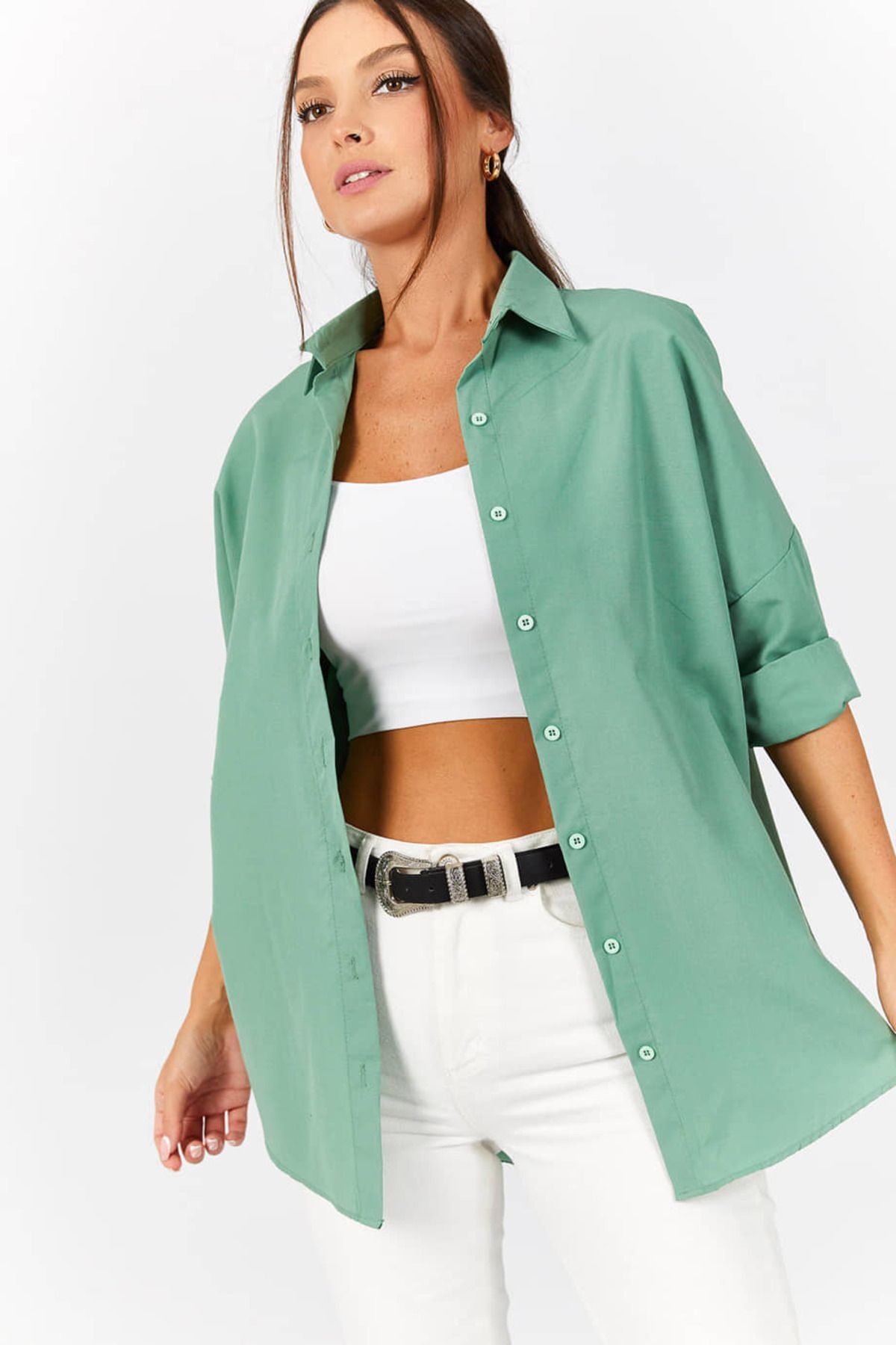 Women's Çağla Green Oversize Long Basic Shirt ARM-22Y001118