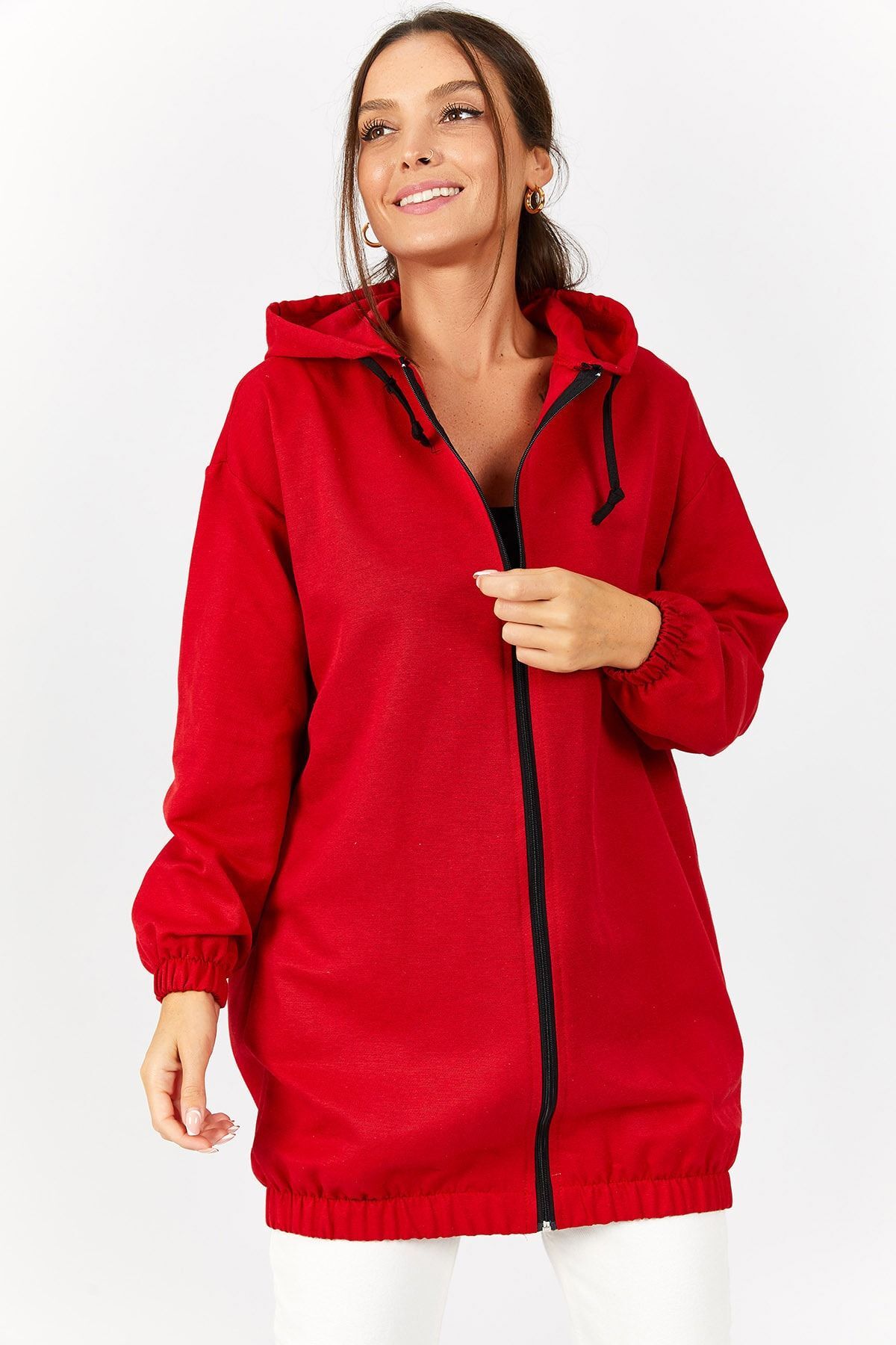 armonika  Kadın Kırmızı Fermuarlı Kapişonlu Trençh ARM-21K024030 - Görsel 2