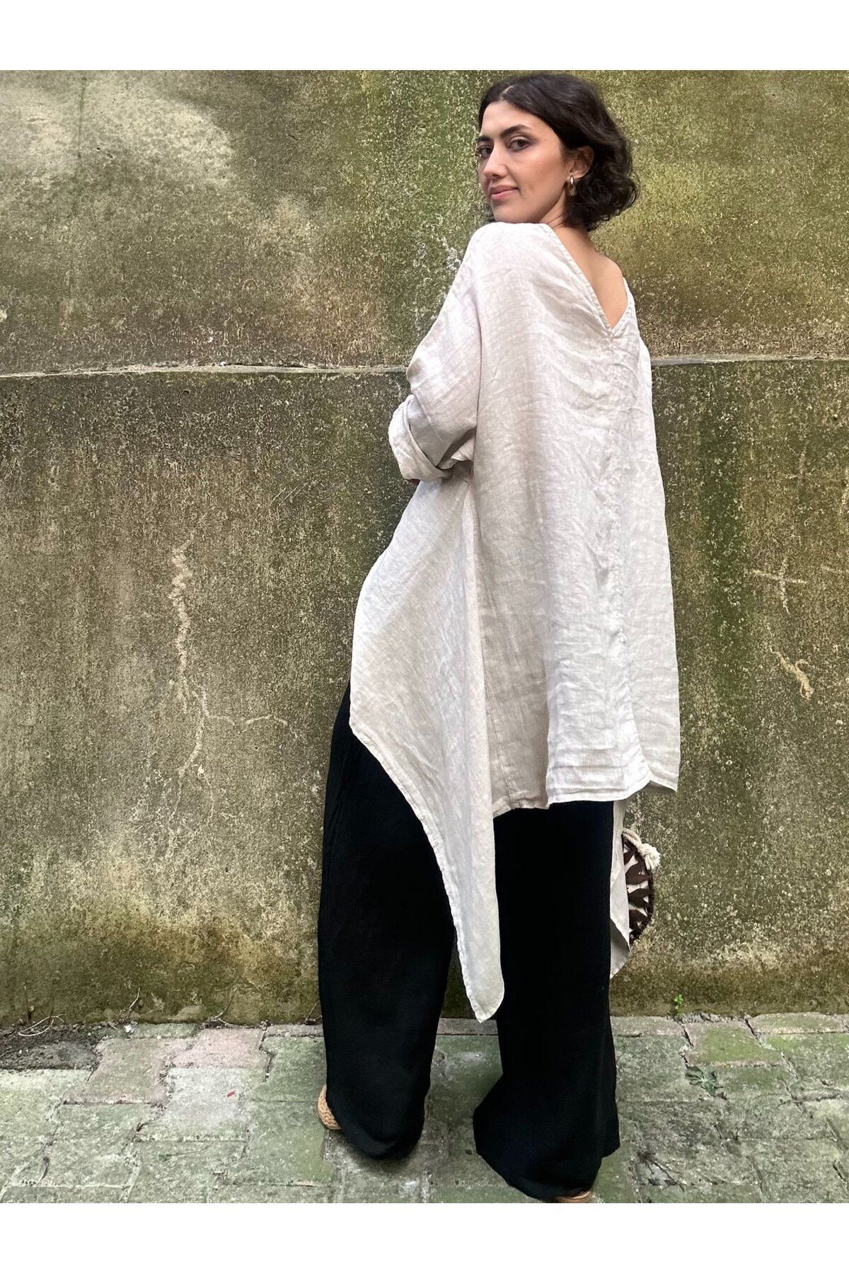 soBasic-Cream Colored Asymmetrical Cut Loose Tunic Shawl Dress - STD 3
