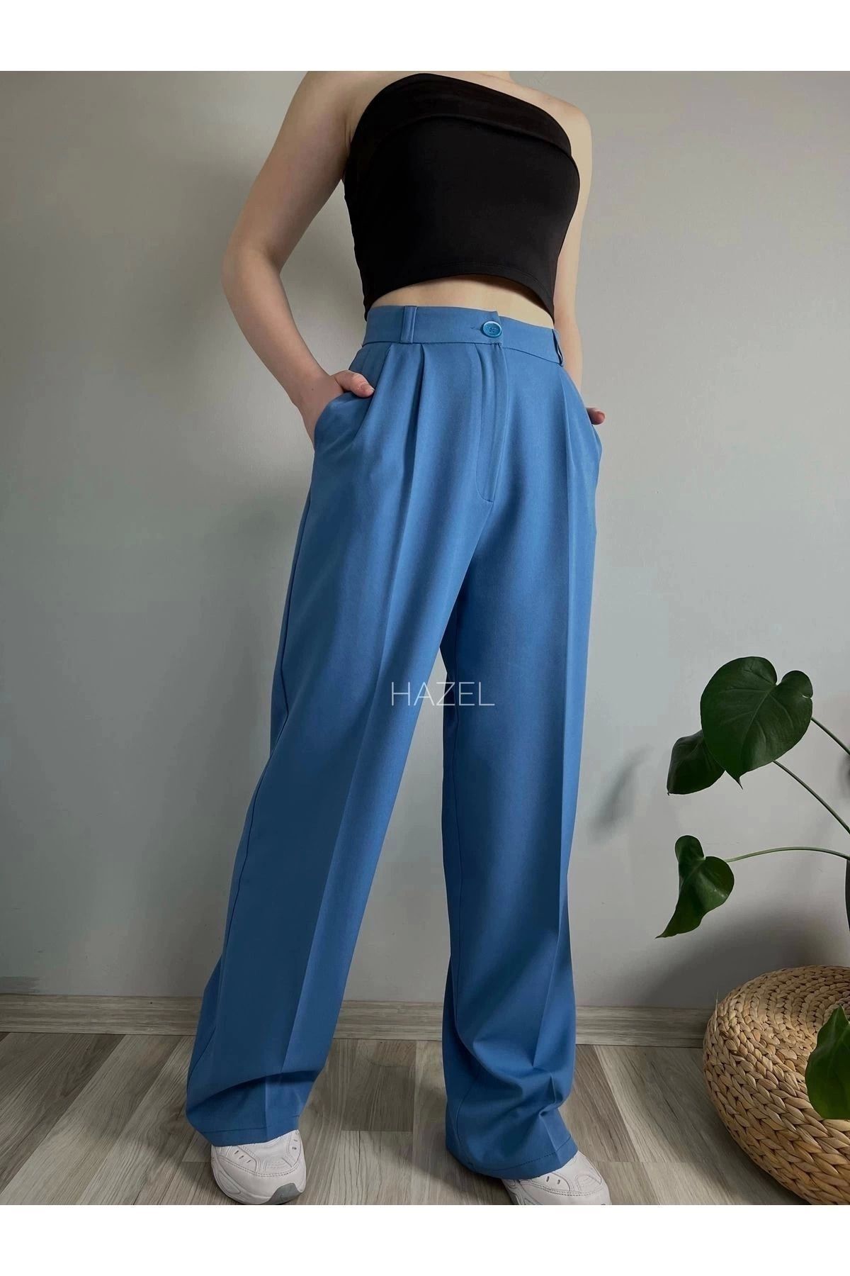 polle Pantaloni Palazzo De Damă Albaștri Cu Talie Înaltă Femeie - 32