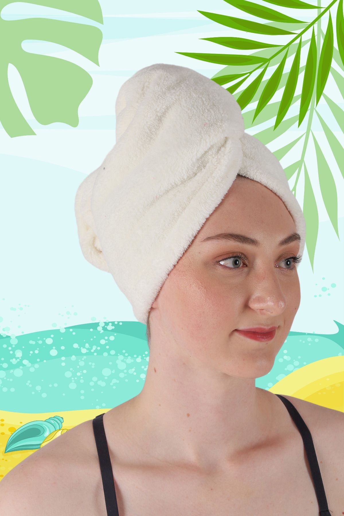 vosvera Plaj Havlusu Saç Kurulama Bonesi Düğmeli Saç Kurutma Havlusu