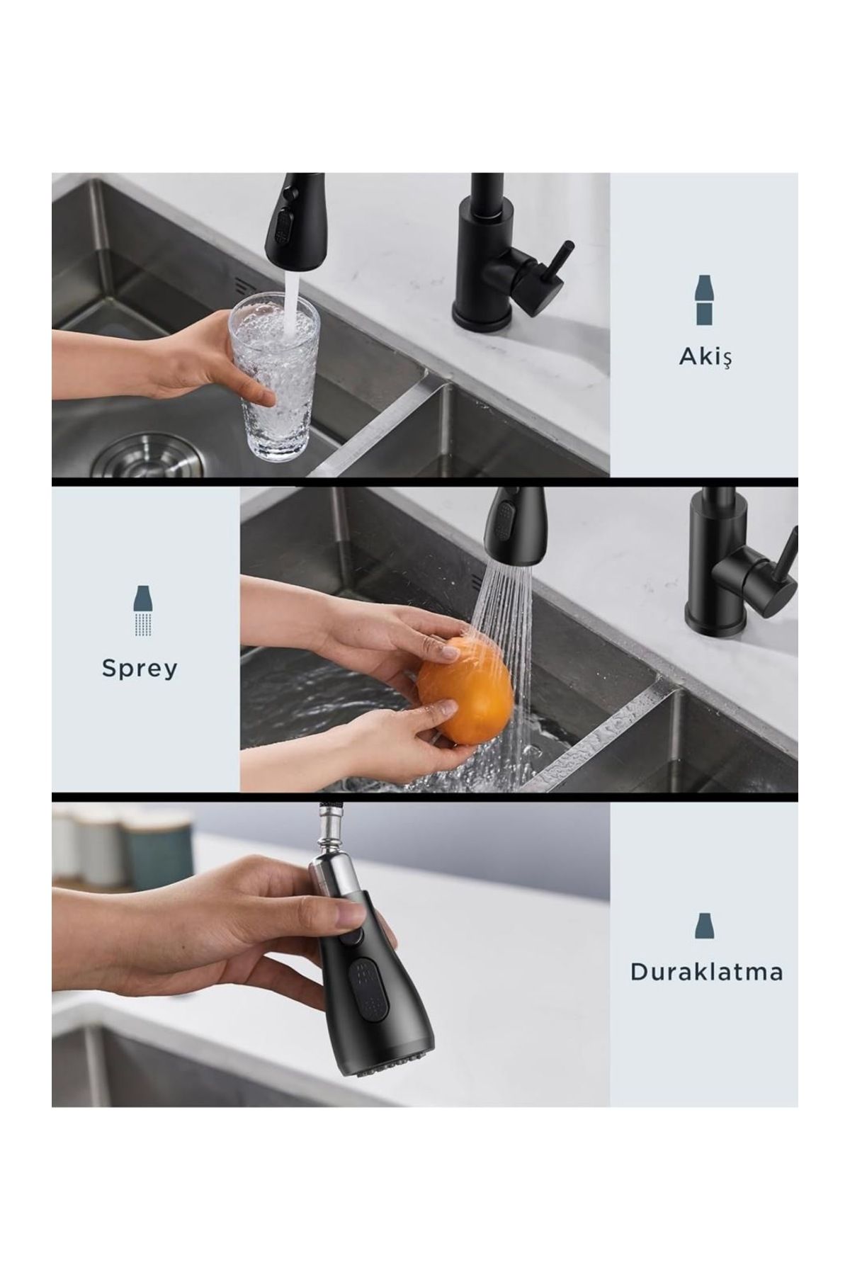İSAOĞLU YAPI-Matte Black Spiral Sink Faucet - Extending Pull and Shower Effect Fixture 3