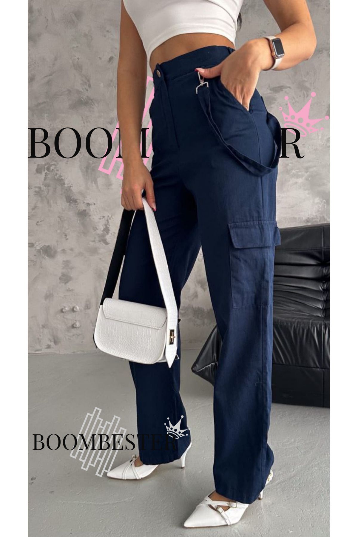Women's Navy Blue Linen Cargo Pocket High Waist Pants