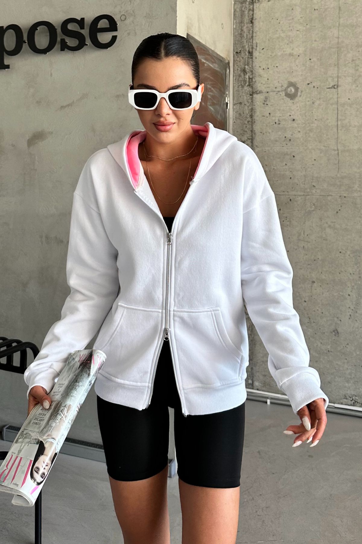 MODAGEN-White Unisex Oversize Hooded Cardigan - Double Zipper 7