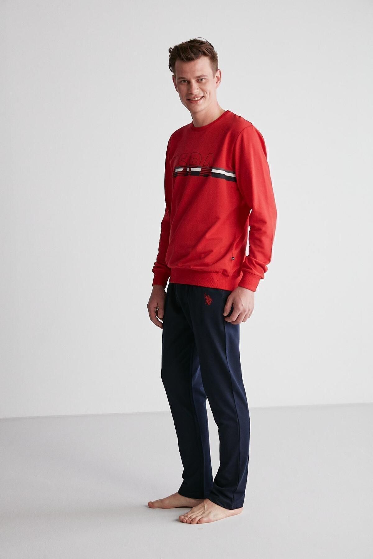 ست پیژامه قرمز مردانه سوئیشرت نخی شلوار گرمکن لباس خواب راست U.S. Polo Assn.