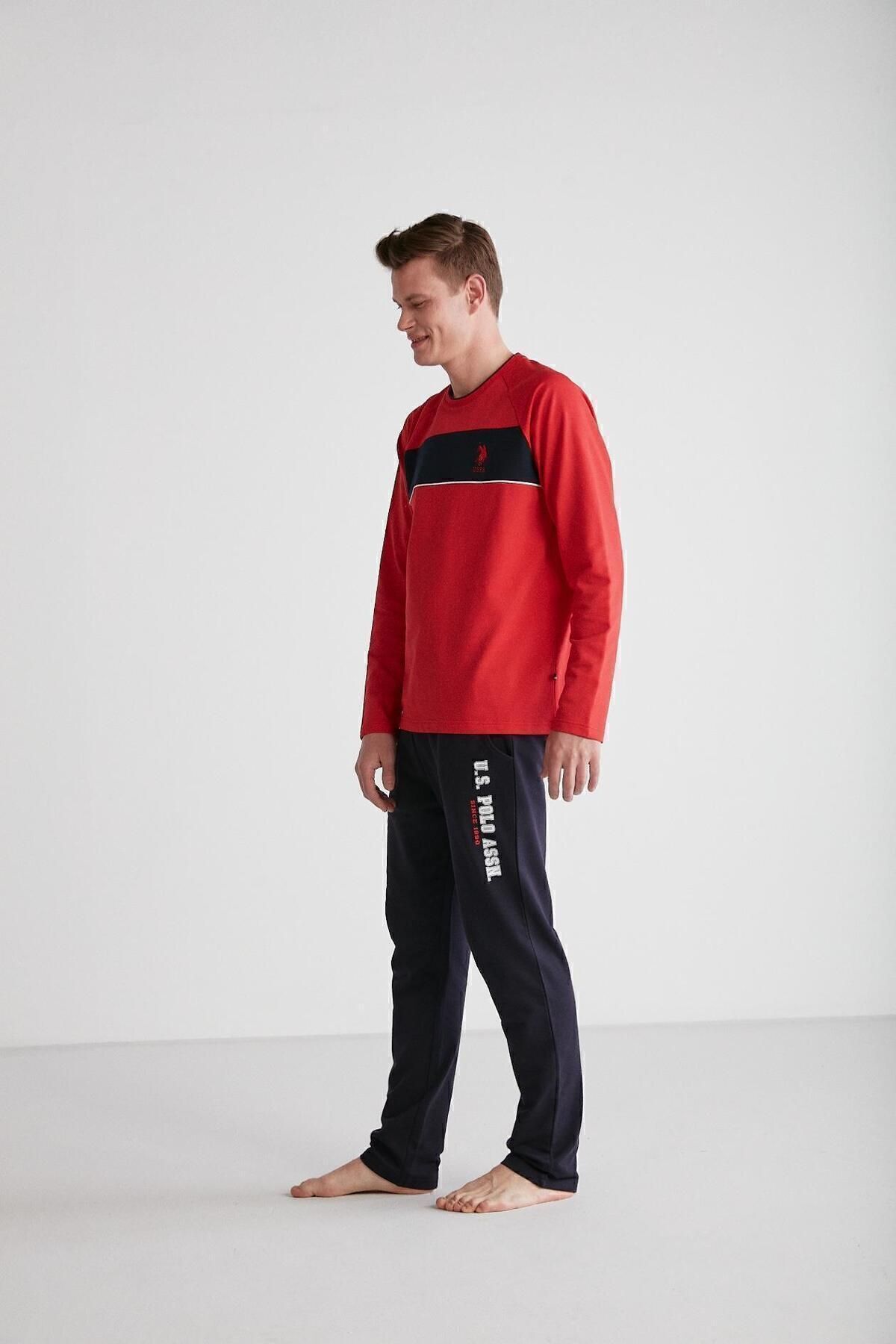 ست پیژامه قرمز مردانه لباس خواب زمستانی پای راست پنبه ای U.S. Polo Assn.
