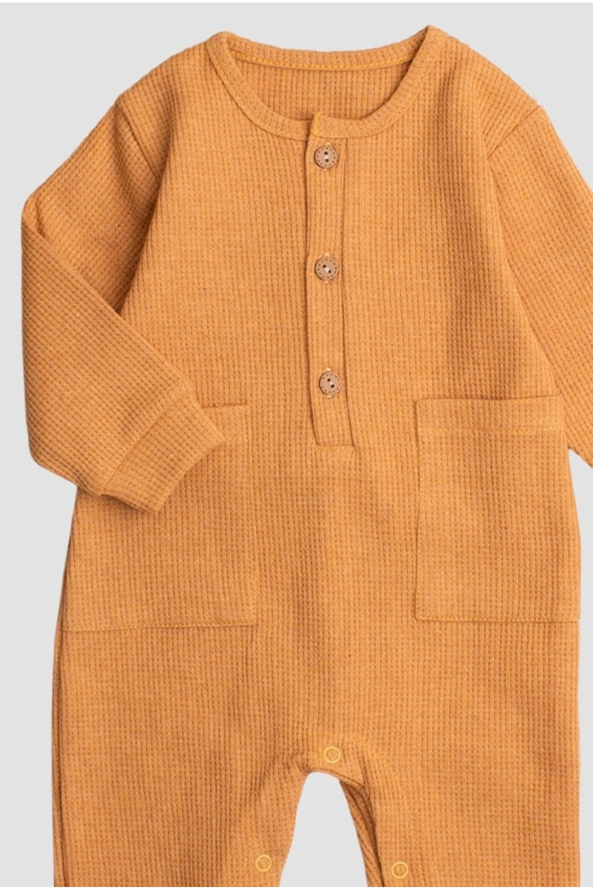 Chicsy Baby Waffle Görselli Ahşap Düğmeli Pamuklu Bebek Tulum fotoğrafı 2 (önizleme)