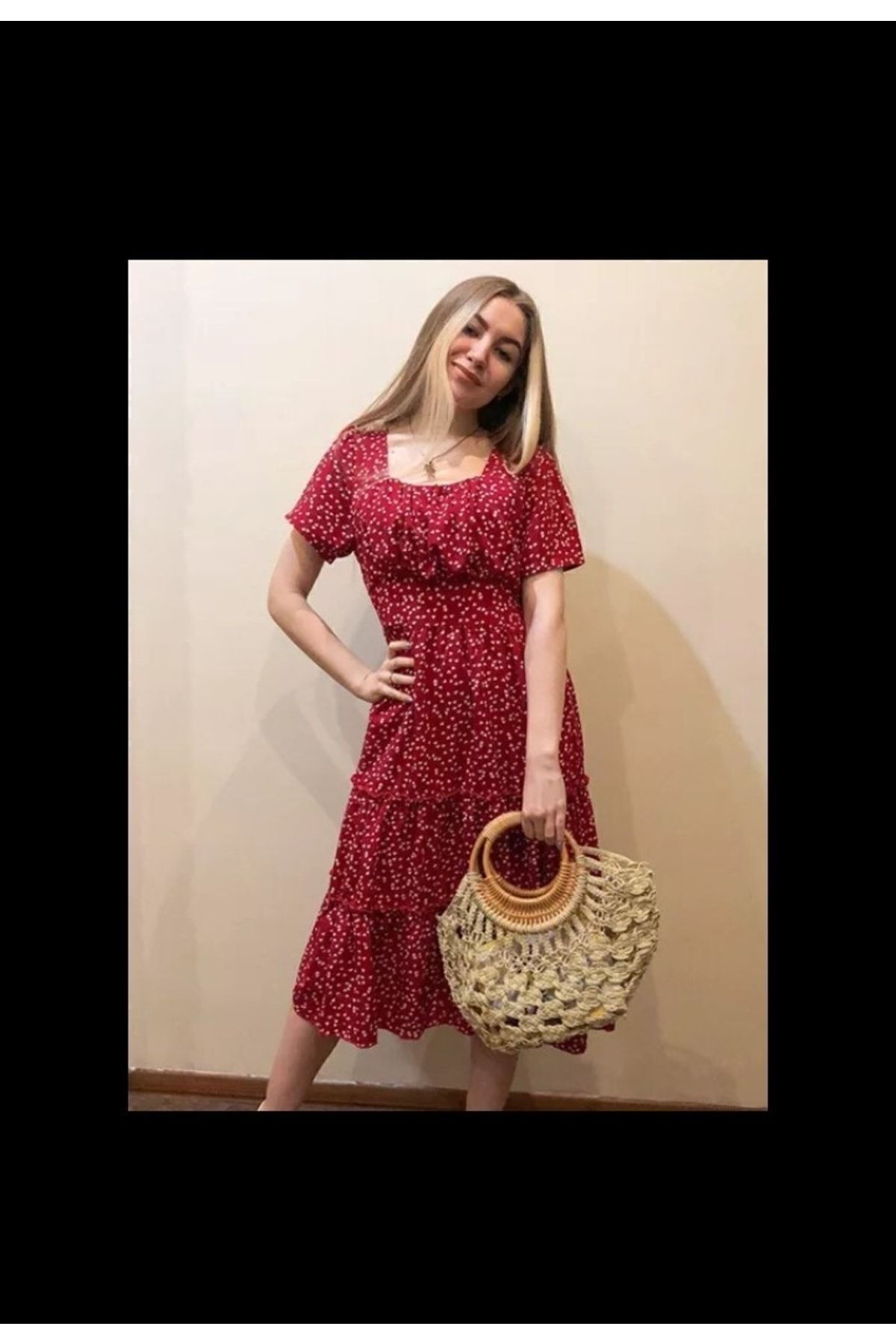 GENÇ MODA-Rochie din viscoză cu imprimeu inimă roșie cu gât pătrat 2