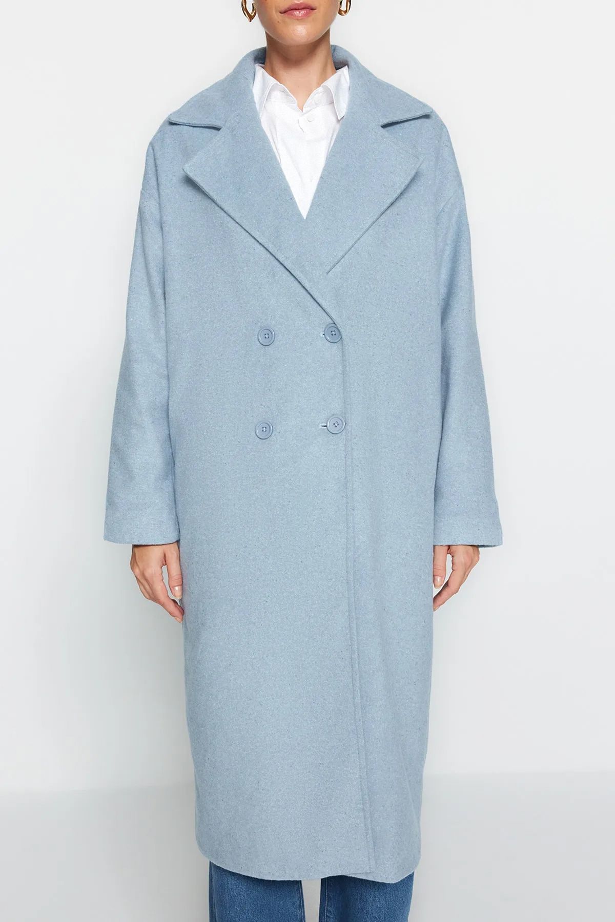 Trendyol Collection-Blauer, übergroßer, weit geschnittener, langer Wollmantel mit Stempelmuster TWOAW21KB0038 3