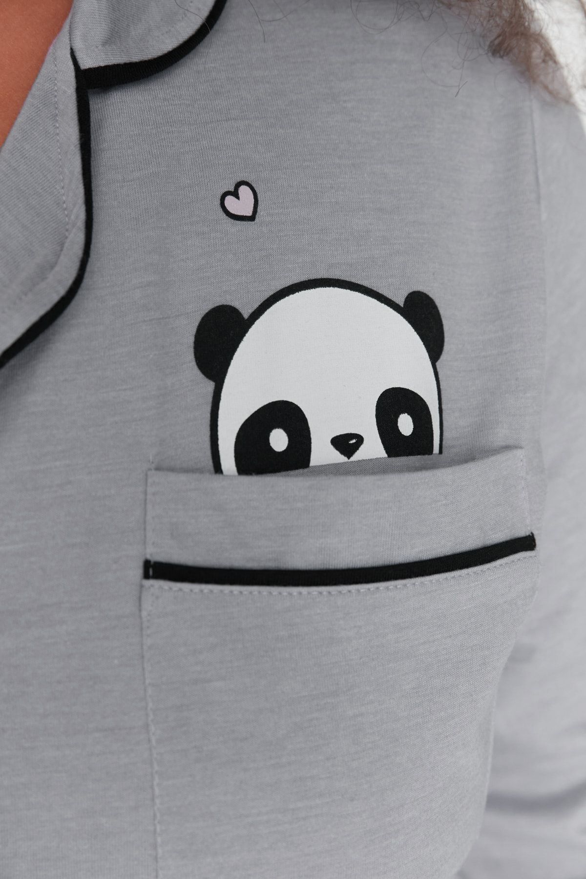 Trendyol Curve-Panda Printed Gray Melange Knitted Pajama Set - Shirt Collar TBBAW23AI00012 3