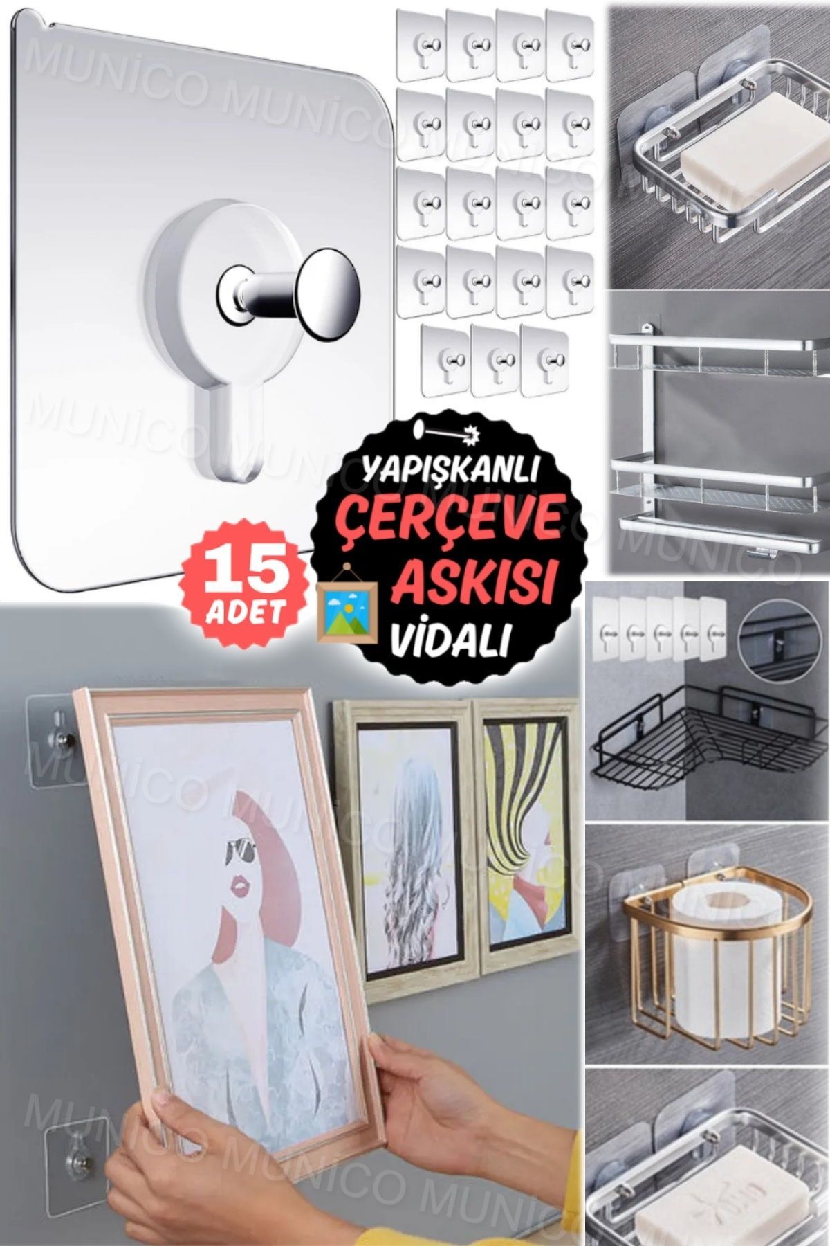 15 Self-Adhesive Studless Hooks - Easy to Use for Hanging Your Stuff