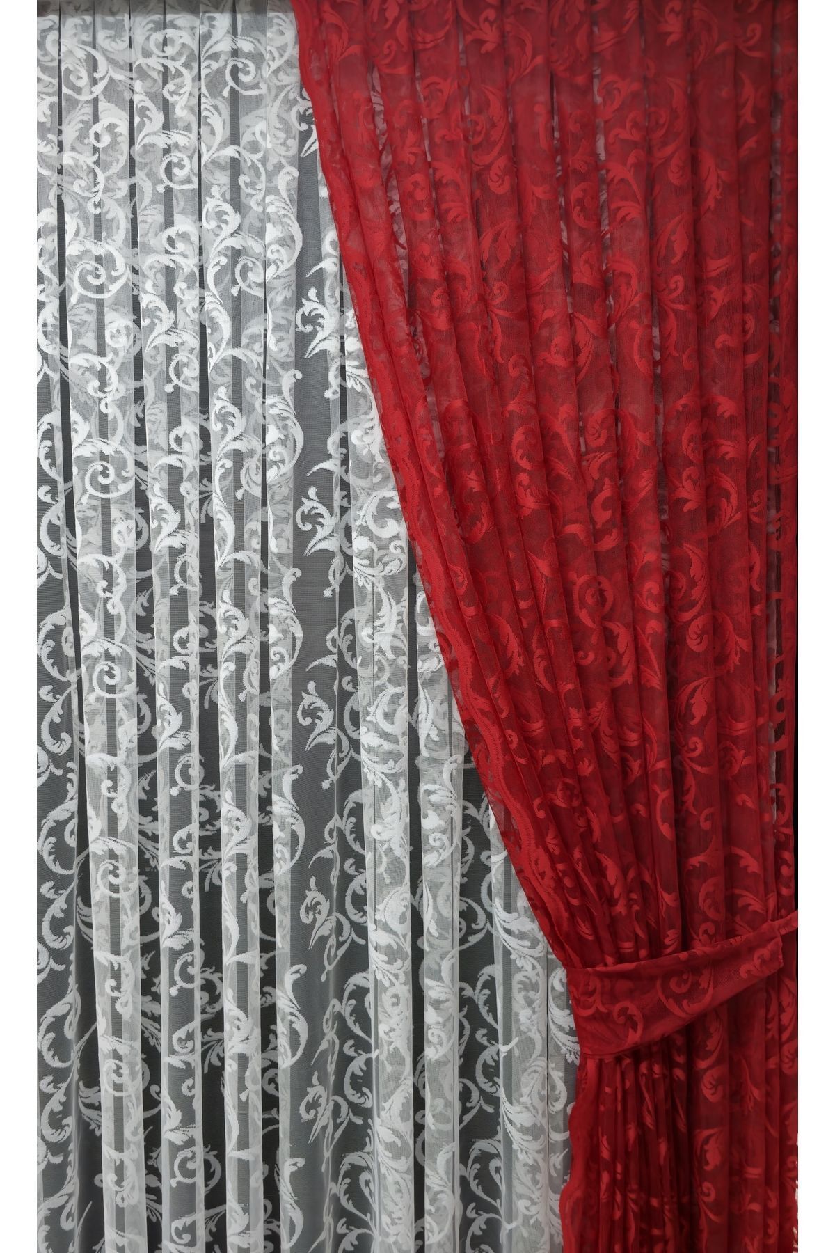 Art Perde-Red Ivy Patterned Tulle Background Curtain - Model with 2 Wings and Laces 4