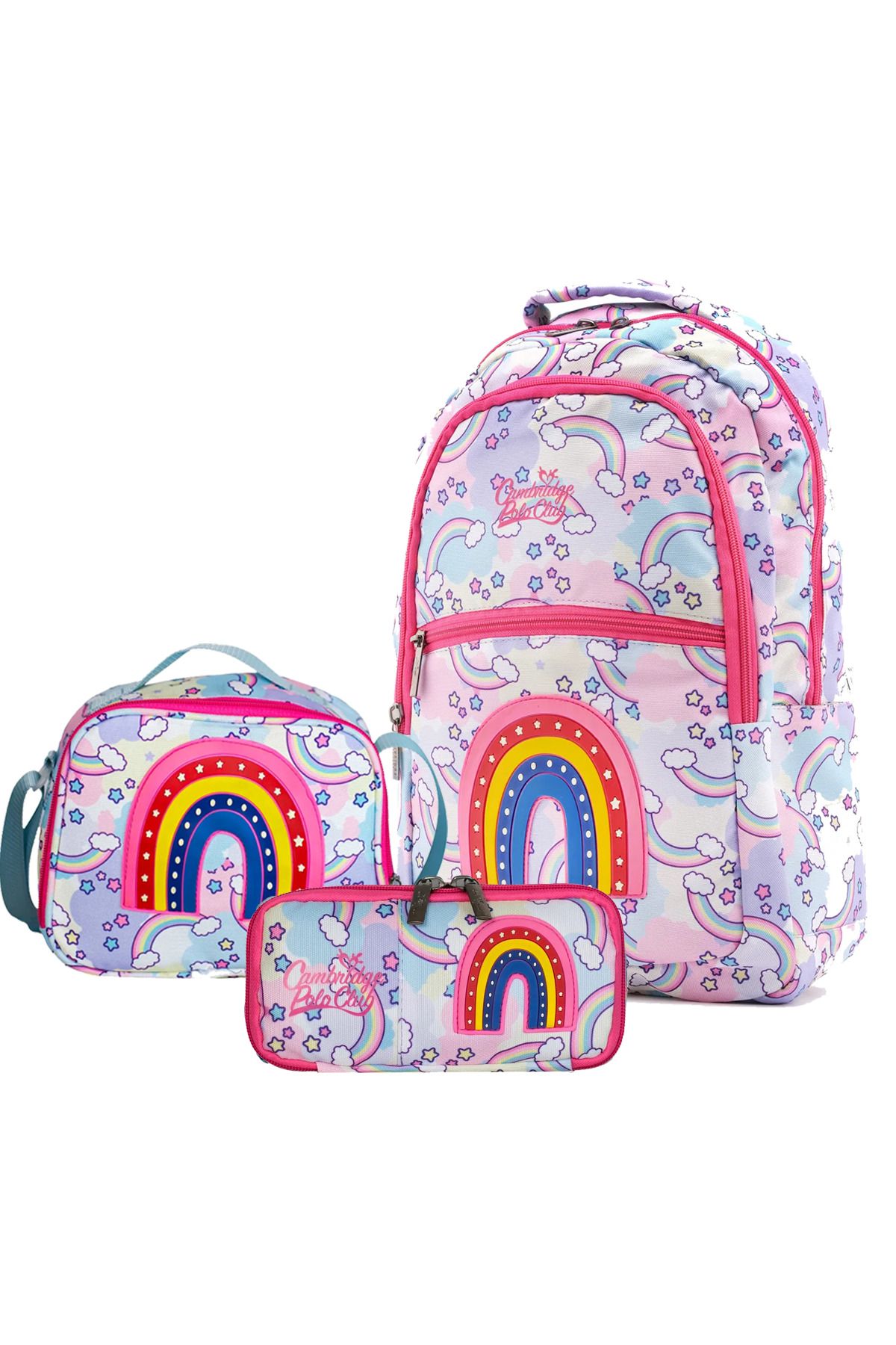 کیف مدرسه دخترانه و بچگانه رنگین کمان زیبا با طرح 3 GIRL SCHOOL BAG مجموعه CPO4049.SET Cambridge Polo Club