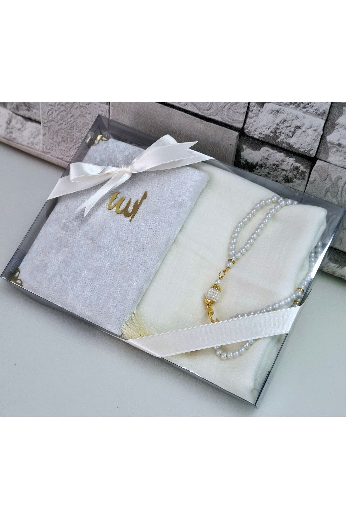Gift Velvet Coated Yasin Flamed Scarf Head Cover Set Pearl Rosary Mevlid Set Bridal Bundle Set