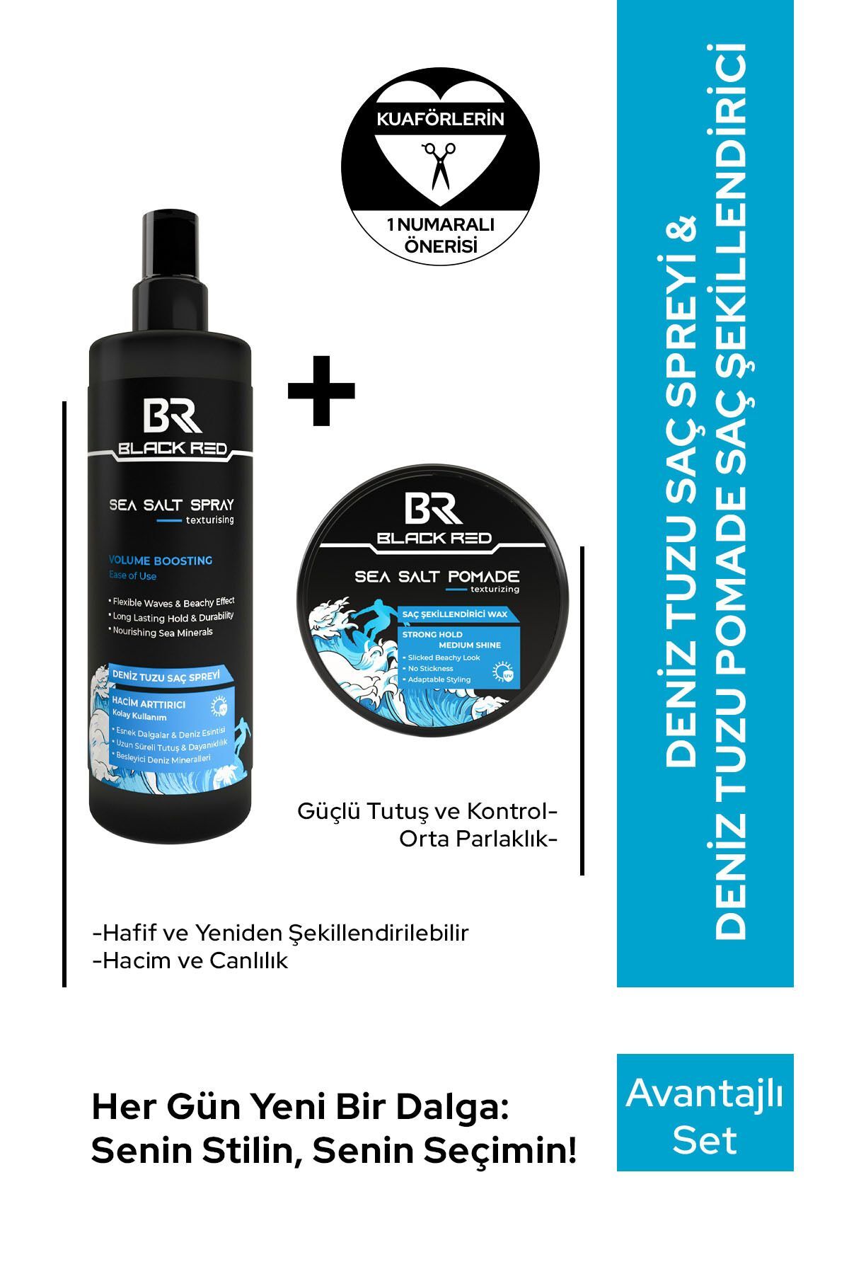 Black Red Saç Deniz Tuzu Spreyi - Sea Salt Spray & Wax Saç Şekillendirici Wax Sea Salt Pomade - 2'li Set