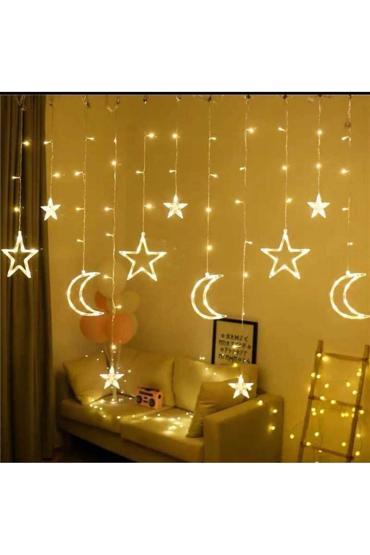 Moon Crescent Star Curtain Led - Ramadan Feast with Yellow Light Plug