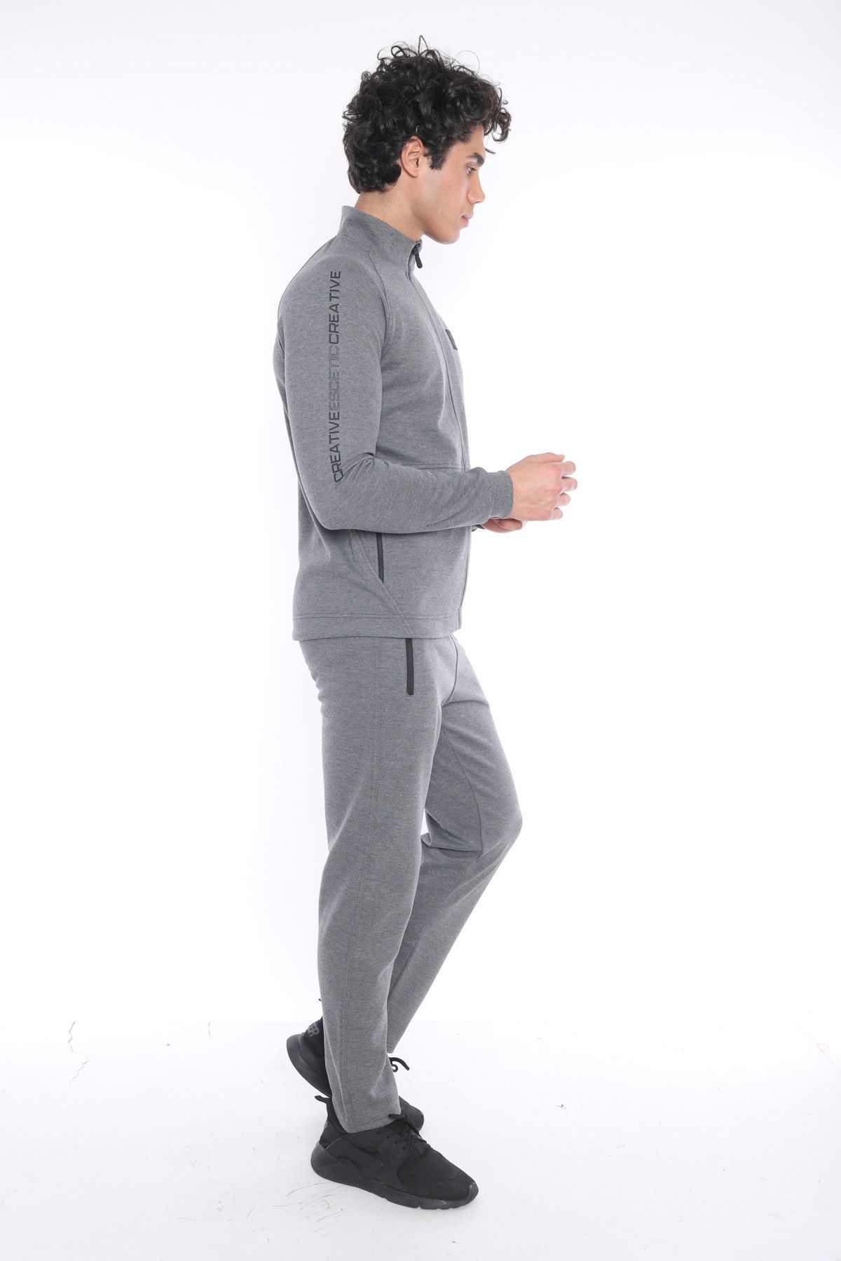 ست گرمکن ورزشی مردانه G3 MELANG MALE LAKOS FABRIC UPRIGHT COLLAR SLIMFIT TEAM 6693 Escetic