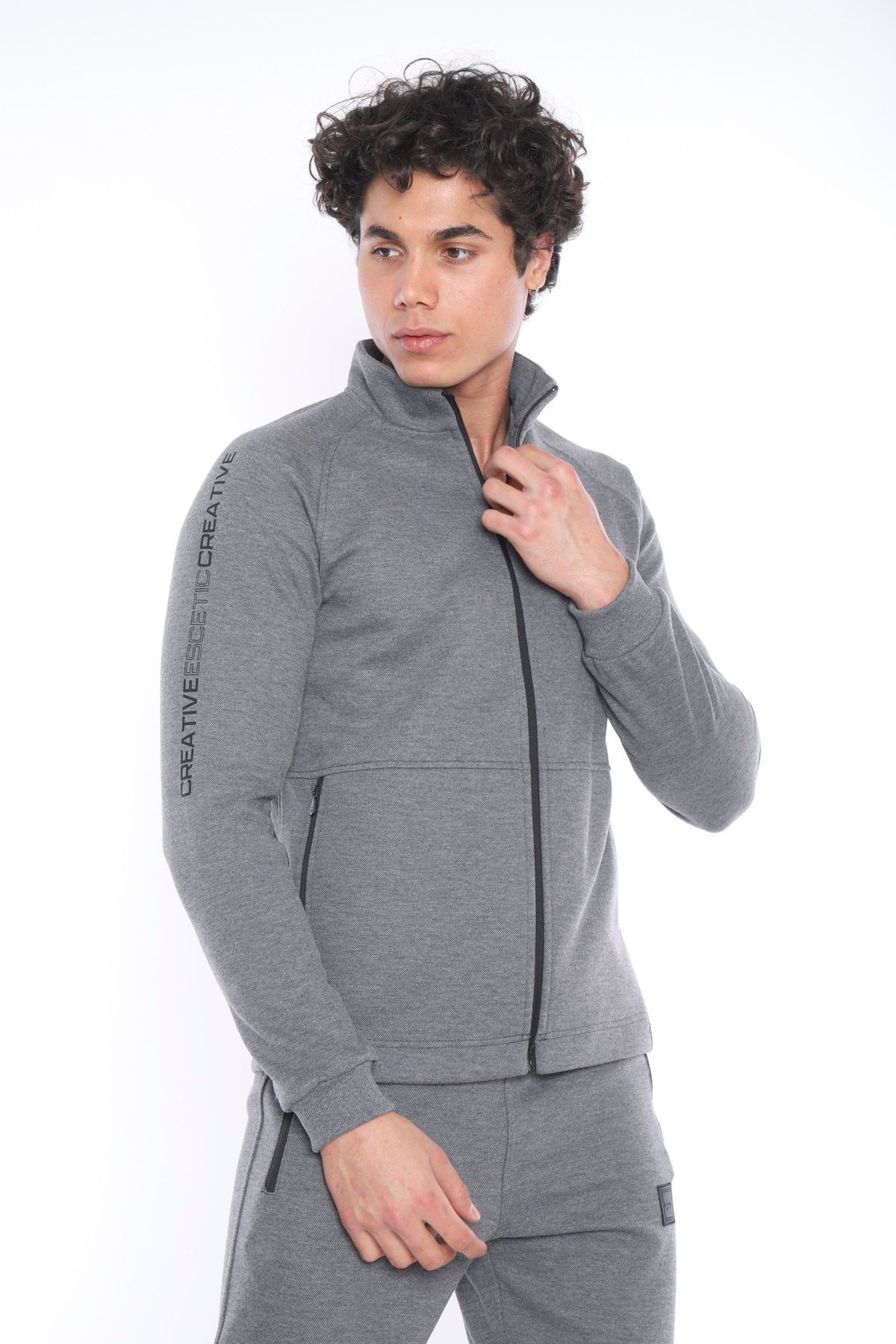 ست گرمکن ورزشی مردانه G3 MELANG MALE LAKOS FABRIC UPRIGHT COLLAR SLIMFIT TEAM 6693 Escetic