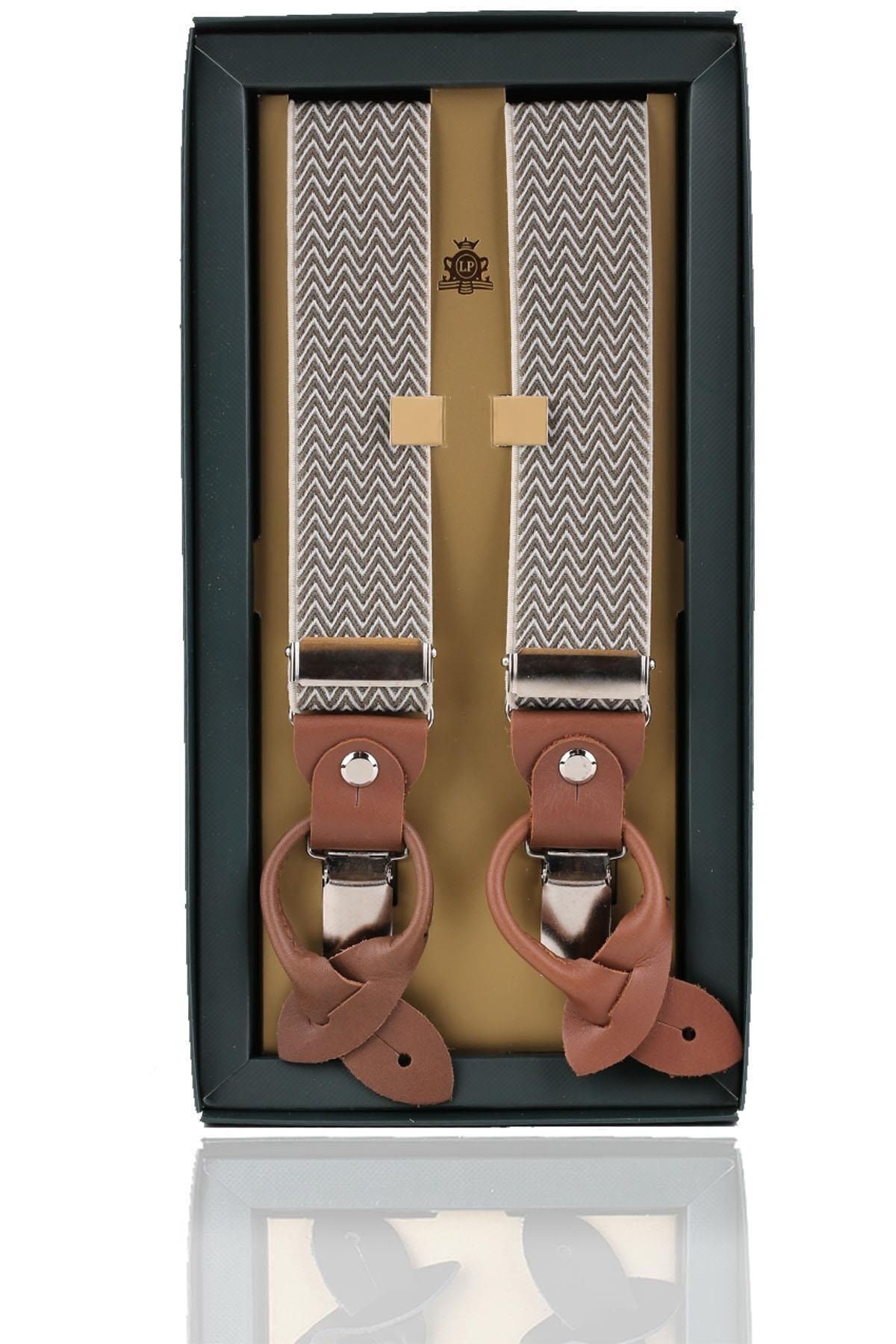 بند شلوار چرم ژاکارد سفید - خاکی با دکمه‌های جاکارتی PAN146