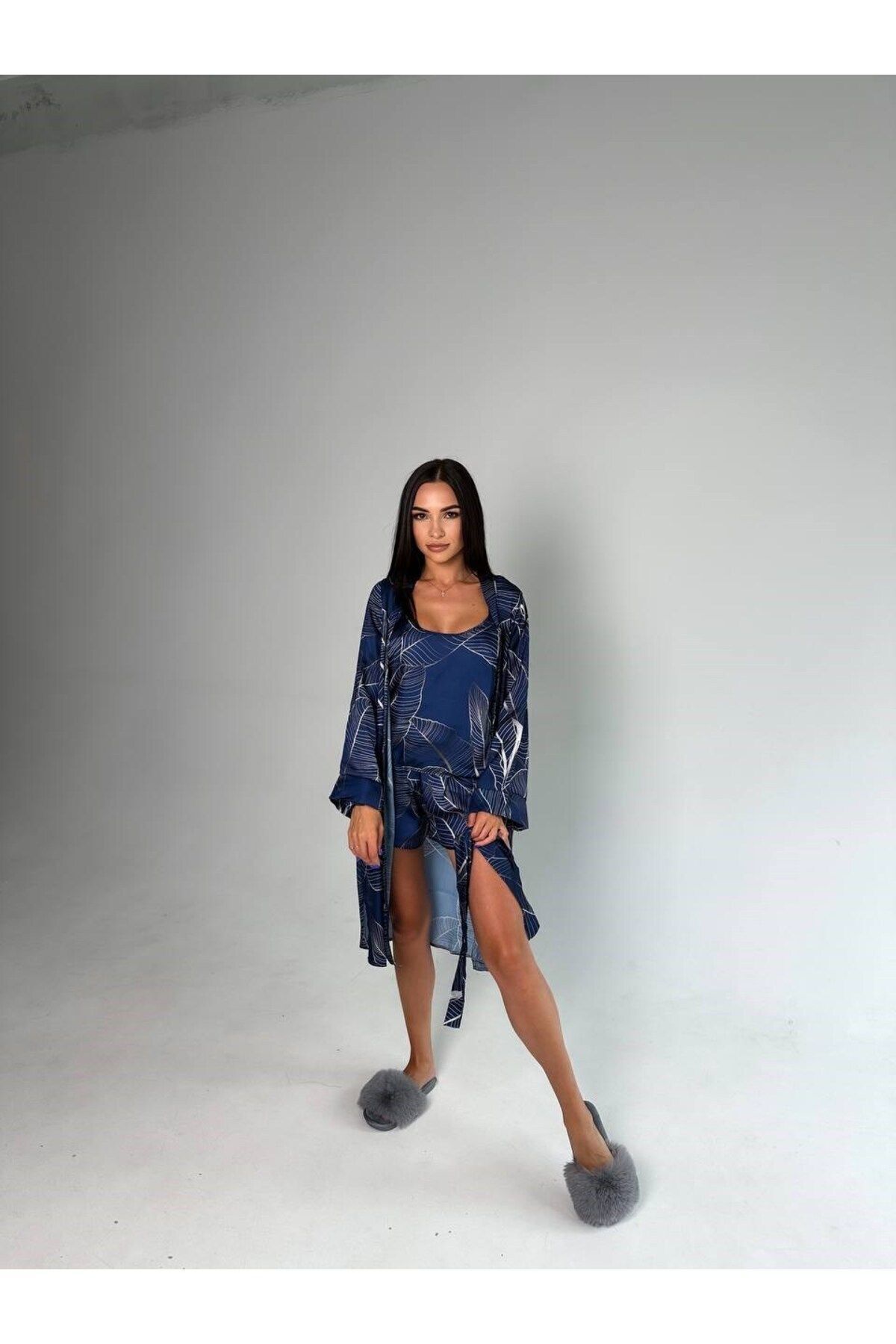 bie's-Set de pijamale din satin albastru cu mini pantaloni scurți - curea de frânghie, set de 3 4