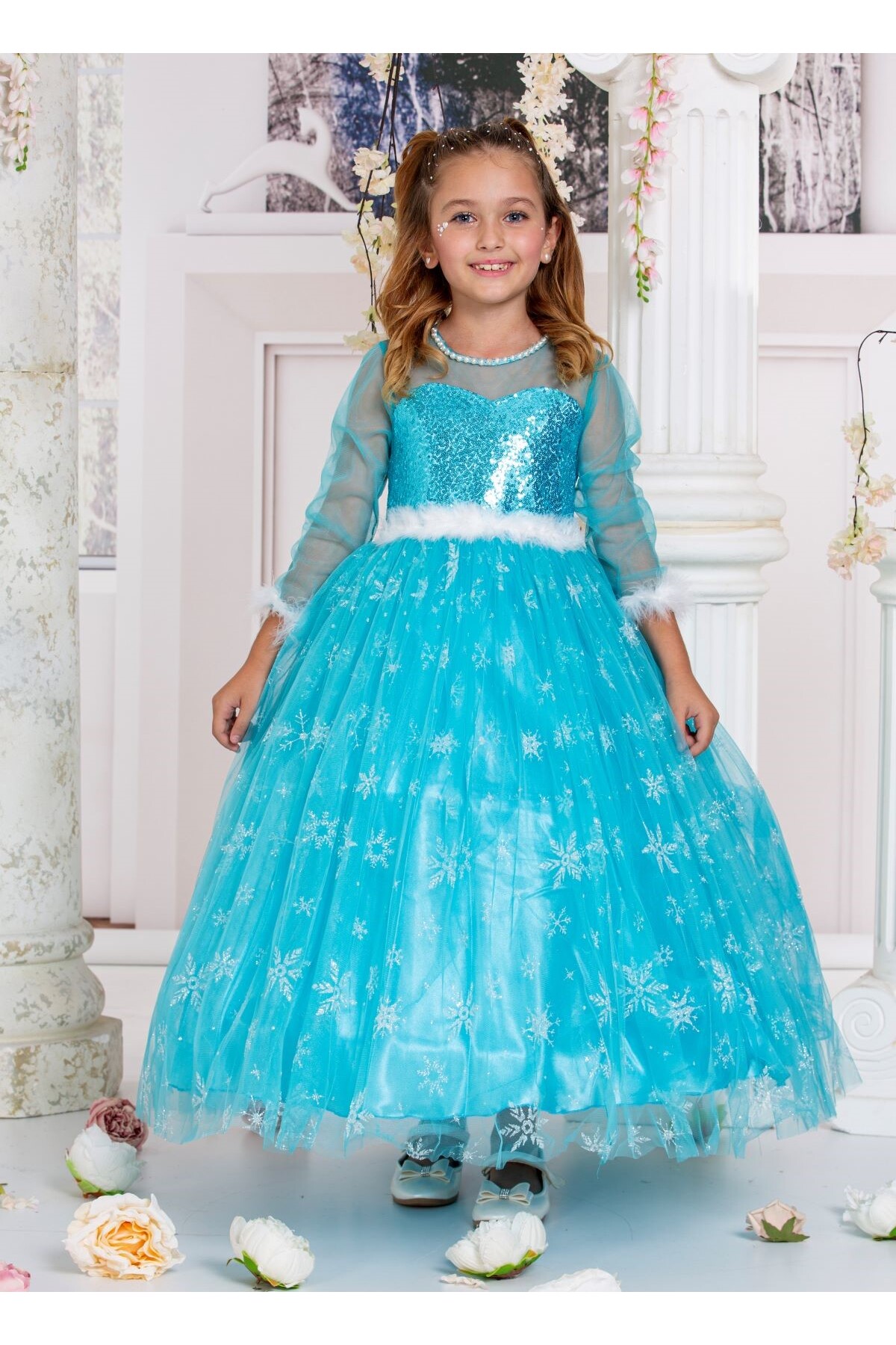 SÜSLÜ PİNK KİDS ELSA FROZEN MAVİ DOĞUM GÜNÜ ELBİSESİ