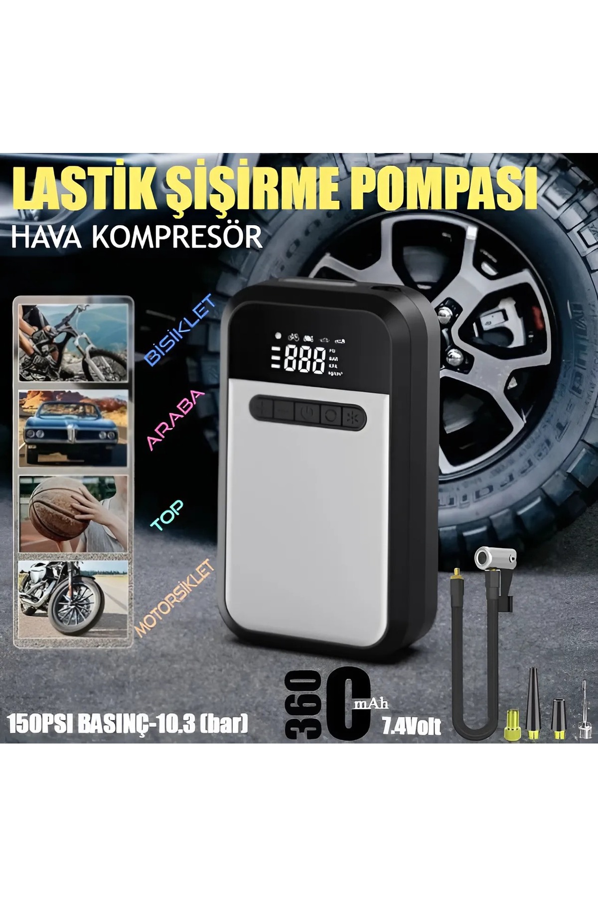 nextbuy Şarjlı Araba Hava Kompresörü 150PSI Dijital Basınç Göstergeli Led Panel Lastik-Yatak Şişirme Pompası