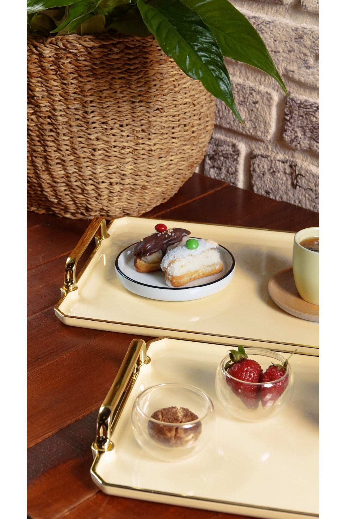 ALM HOME 2-Piece Cream Tray Presentation Decorative Home Tableware Kitchen Tea Coffee Tray