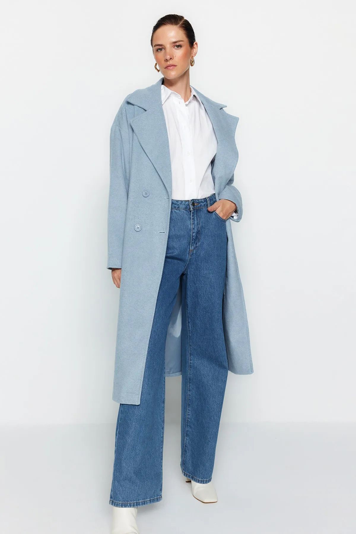 Trendyol Collection-Blauer, übergroßer, weit geschnittener, langer Wollmantel mit Stempelmuster TWOAW21KB0038 1