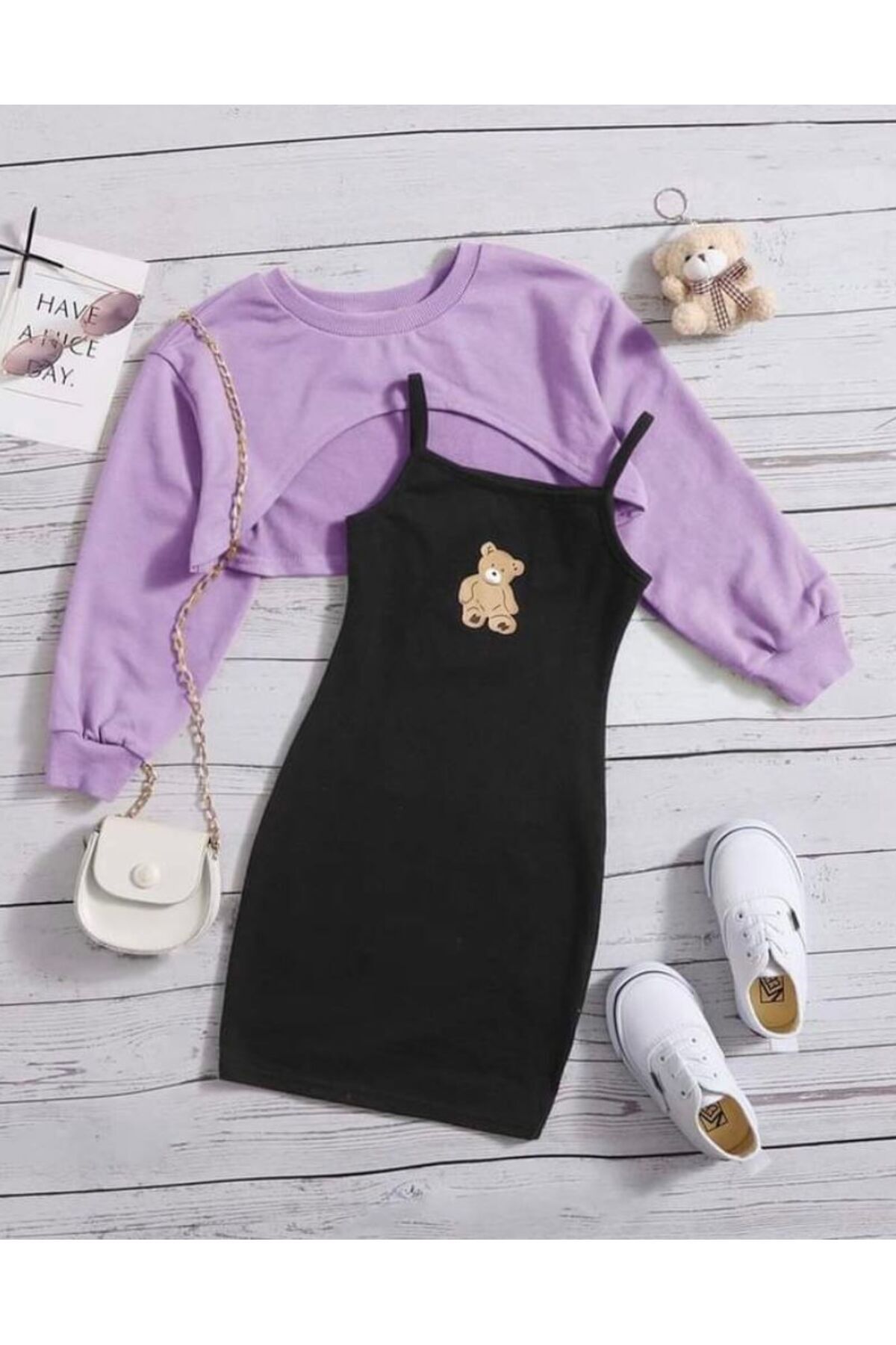 Çocuk Ayıcık Baskı Elbise  Crop Sweat Kombin