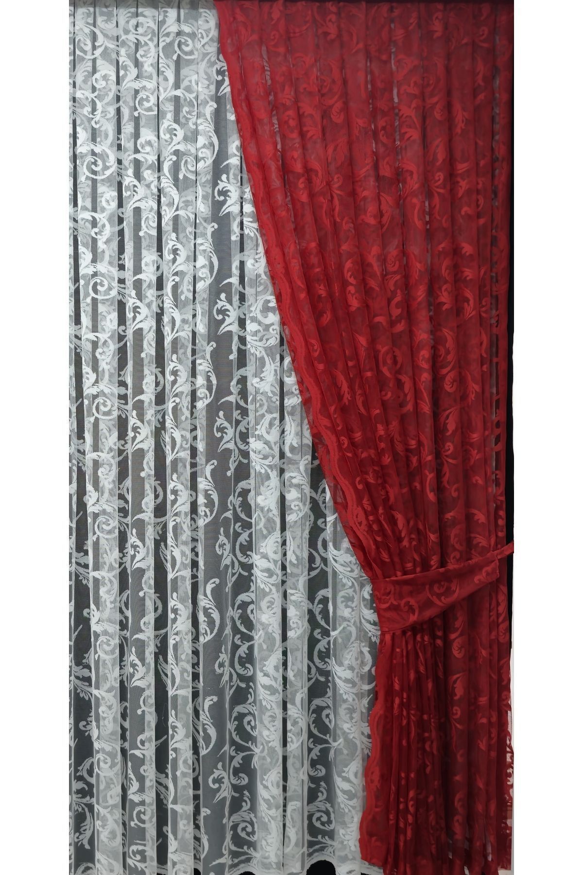 Art Perde-Red Ivy Patterned Tulle Background Curtain - Model with 2 Wings and Laces 5