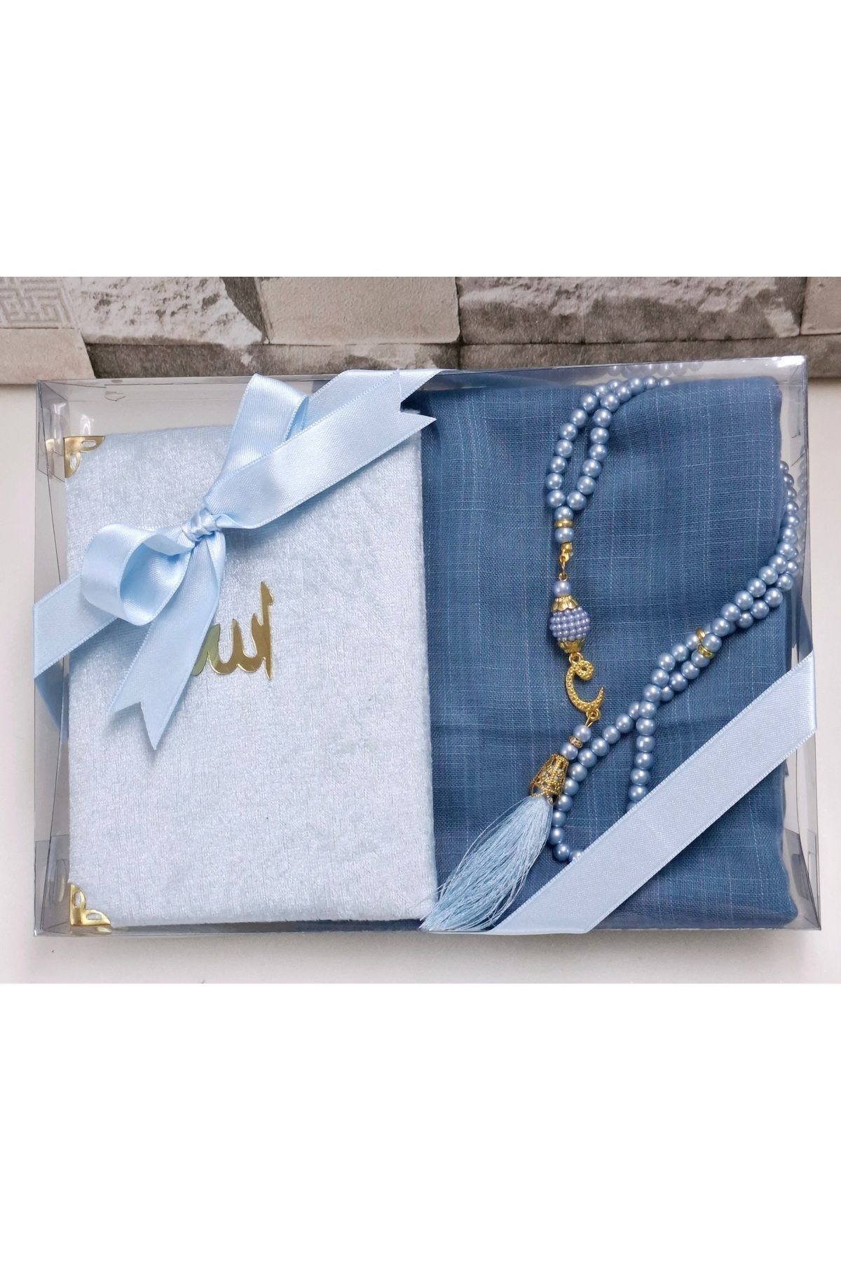 Gift Velvet Coated Yasin Flamed Scarf Head Cover Set Pearl Rosary Mevlid Set Bridal Bundle Set