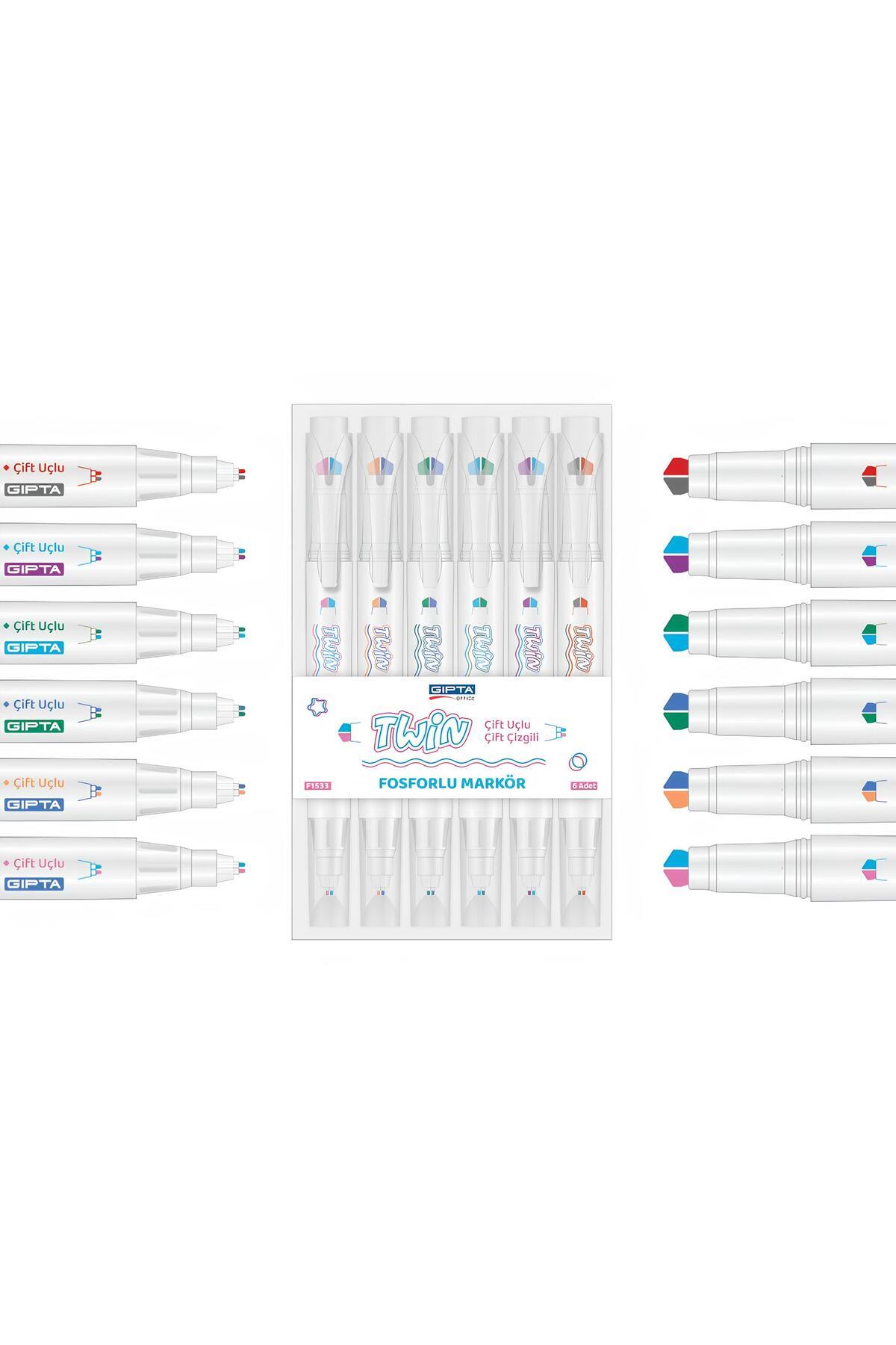 Gıpta-2024 Product - Phosphorescent Fineliner Marker, 3D Double Line Twin, 6 Colors Set 1
