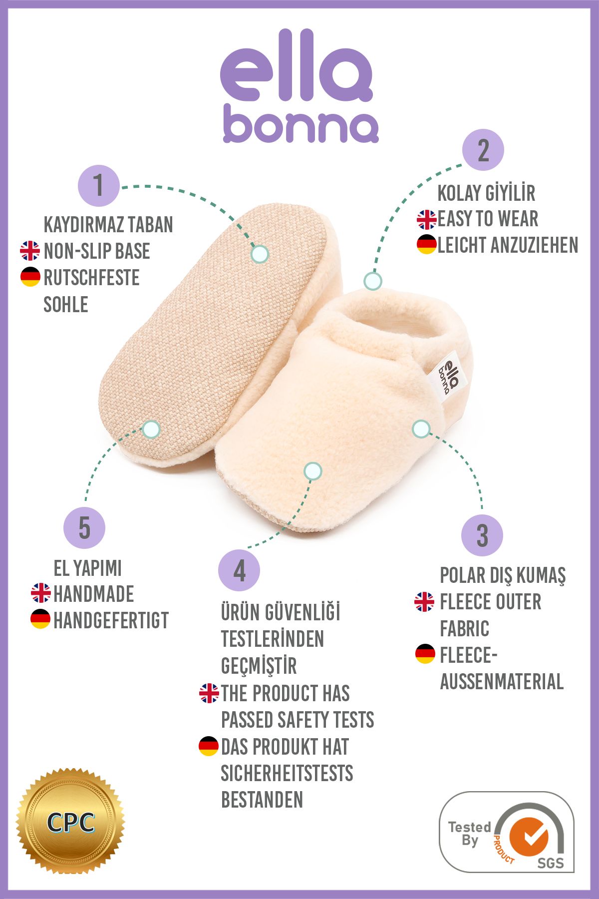 Ella Bonna-Fleece-Baby-Ärmel – rutschfeste Sohle und Bio-Baumwoll-gefütterte Heim-Kinderzimmerschuhe 3