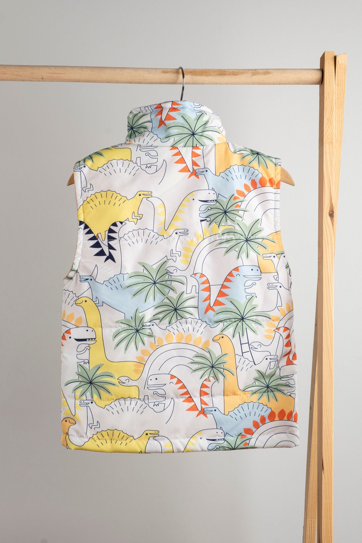 MAİBELLA-White Dinosaur Patterned Zippered Unisex Inflatable Vest Functional and Stylish 2