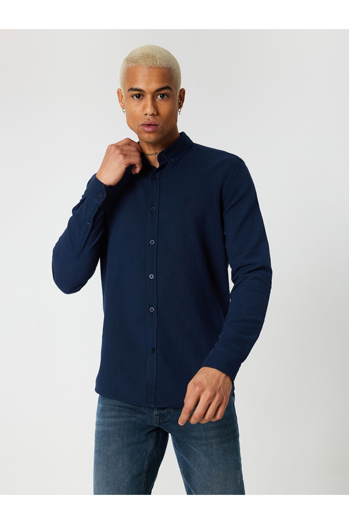 پیراهن / بلوز دکمه دار آبی مردانه Navy Blue LF2027530 اورجینال Loft