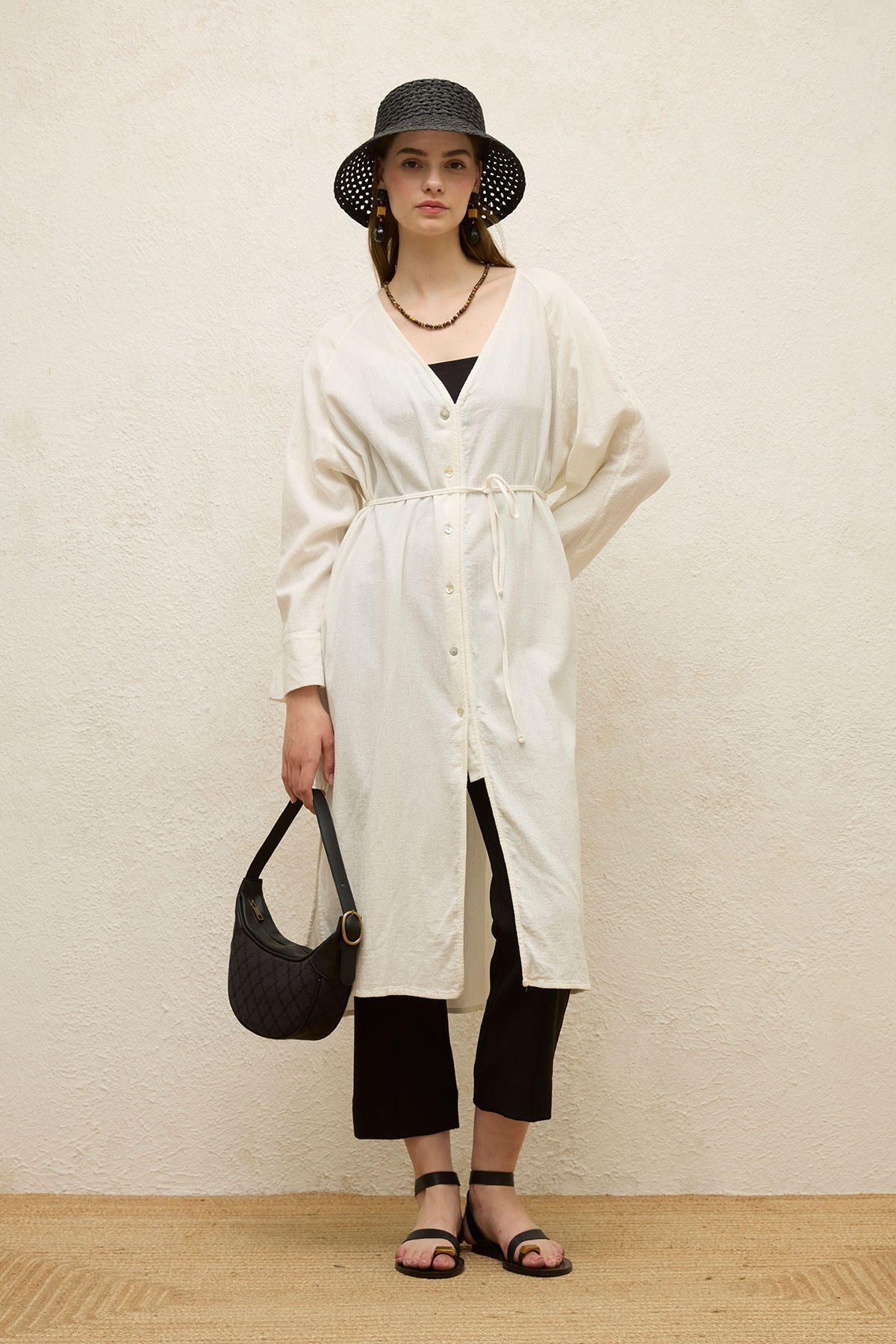Manuka-Ecru Colored Cotton Long Tunic - Lacing Detail 4