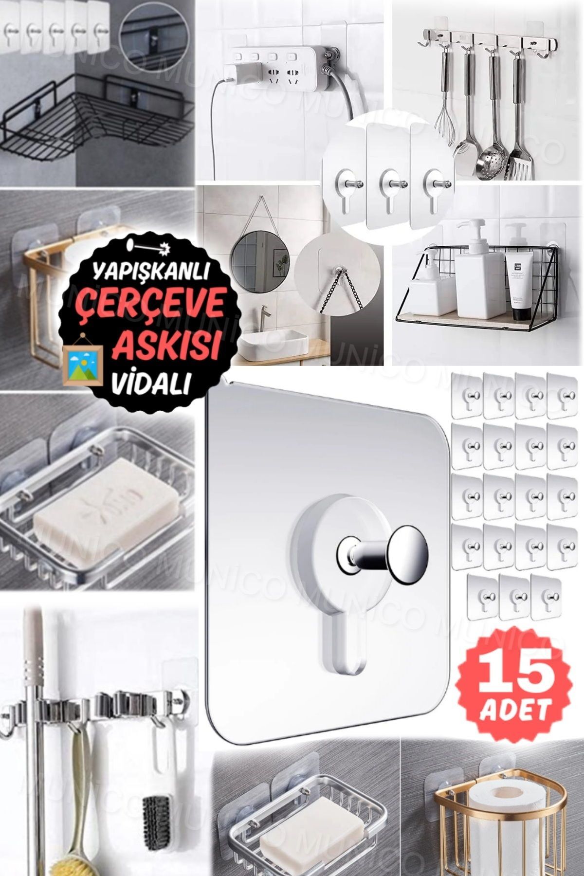 Munico 15 Adet Duvara Zarar Vermeyen Tekrar Kullanılabilir Yapışkanlı Güçlü Duvar Kancaları Elbise Havlu