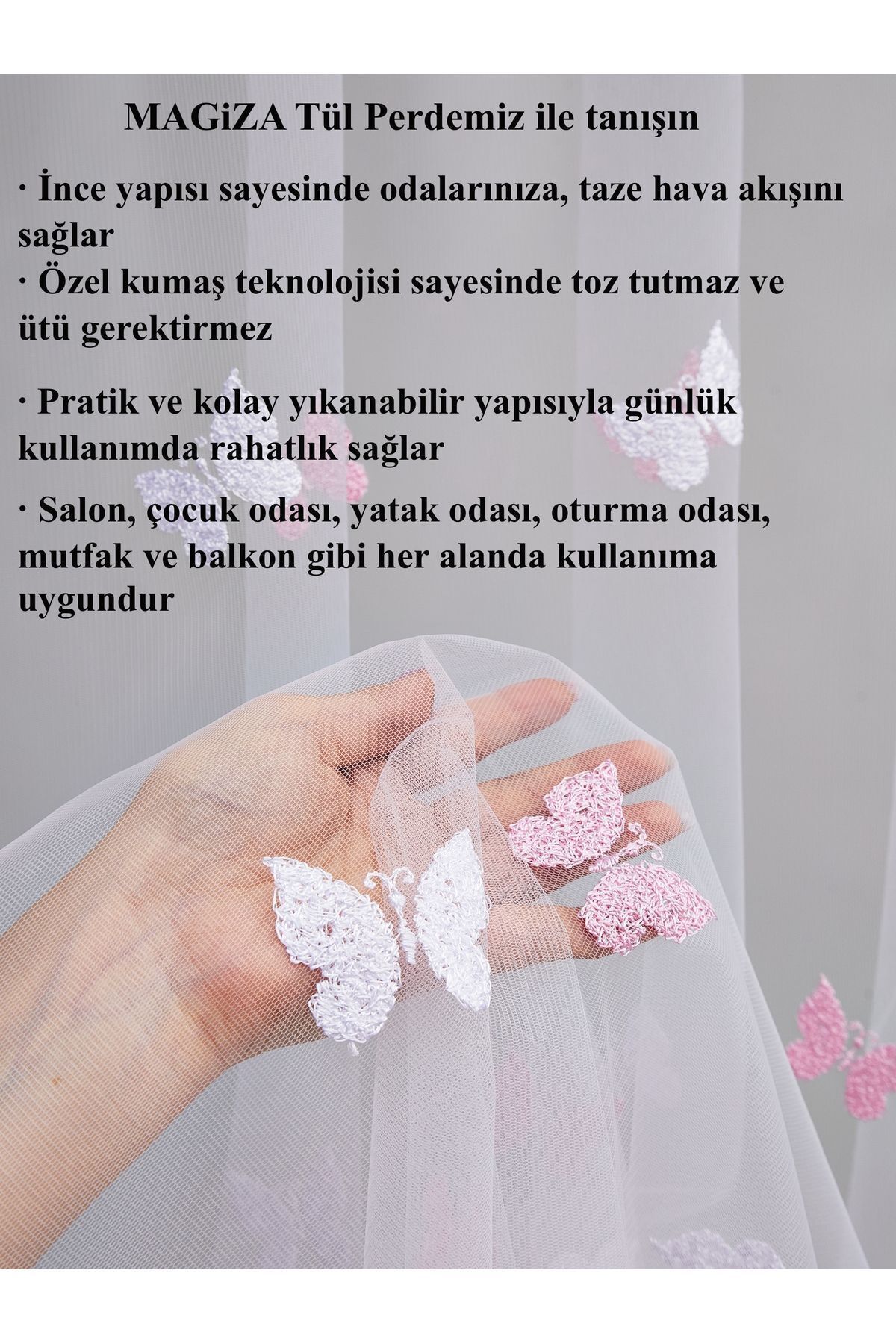 MAGİZA Tül Perde Kelebek Desenli Pilesiz Büzgülü Ekstrafor Ütü Istemez Salon Mutfak Balkon Ve Çocuk Odasına fotoğrafı 4 (önizleme)