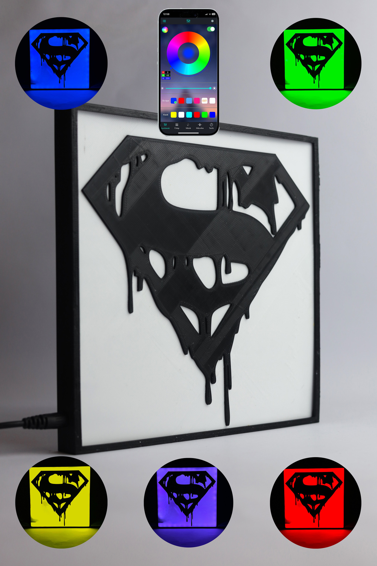 domini Superman RGB Led Işıklı 3 Boyutlu Tabela 20cm x 20cm x 2cm