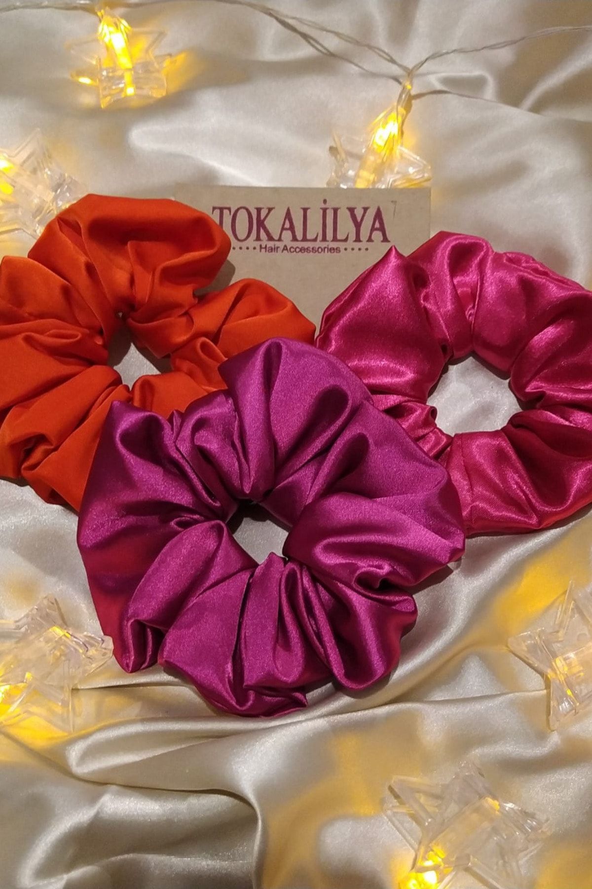TOKALİLYA Kadın 3Lü Çapı 15 Cm Saten Saç Lastik Simit Scrunçhie Toka Seti