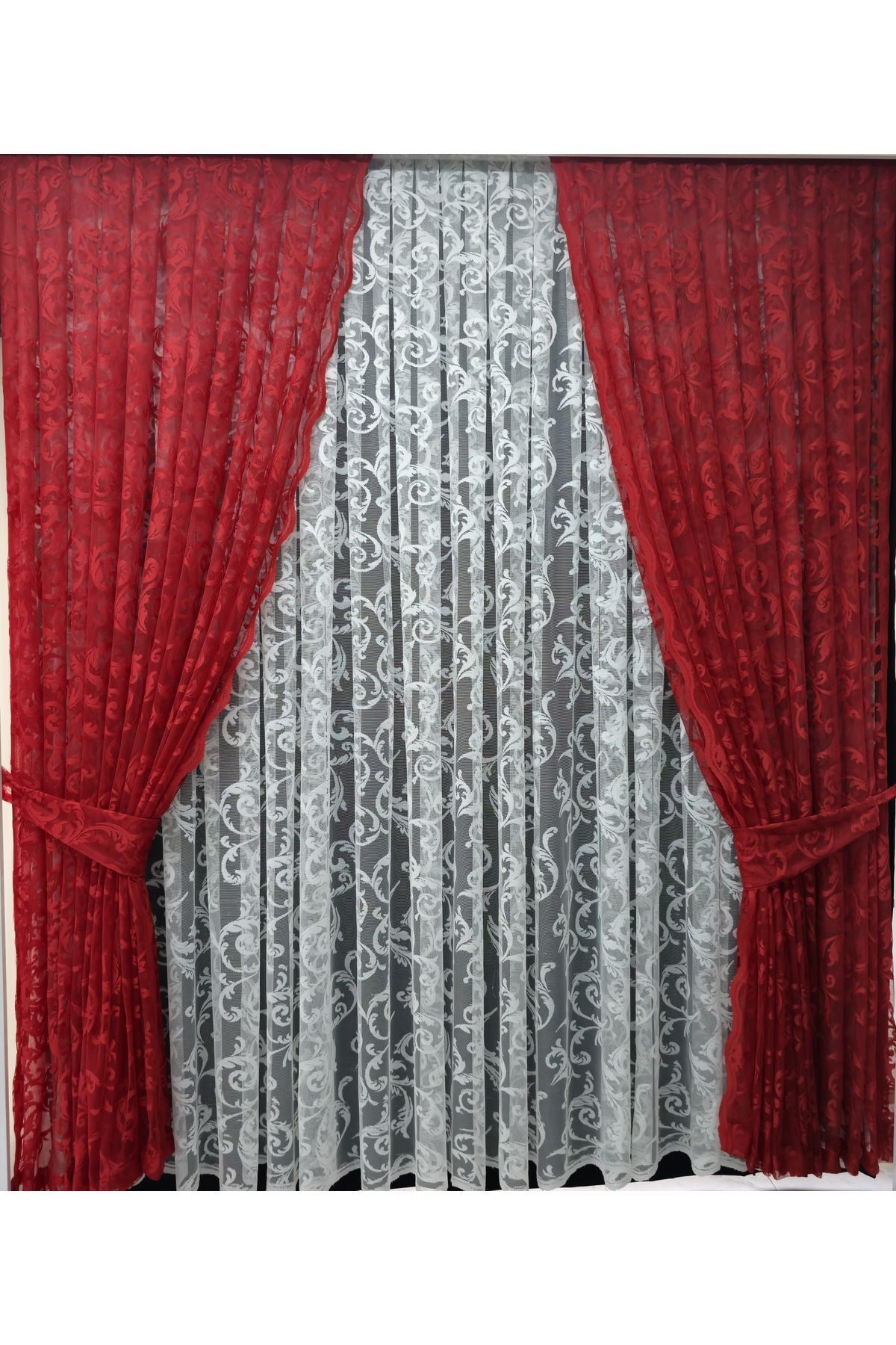 Art Perde-Red Ivy Patterned Tulle Background Curtain - Model with 2 Wings and Laces 7